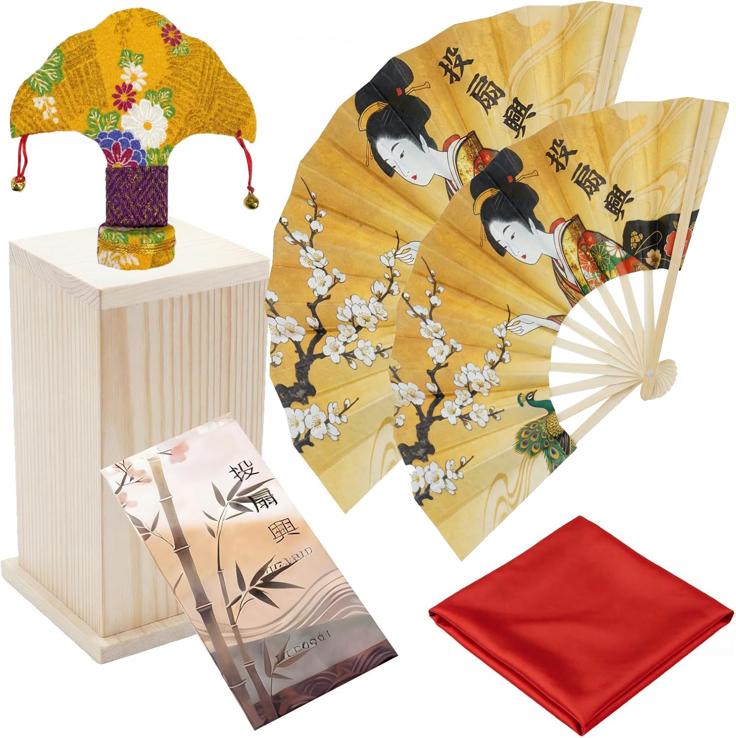 投扇興 セット職人手作り 5本 伝統工芸品【松製枕・手書き扇子5本・木箱付き】 金銀箔押し＆手描き彩色仕様 お座敷遊び/パーティー/レクリエーションに最適 初心者から高齢者まで楽しめる 日本製和風ゲーム 蝶的/敷物/点数表 伝統工芸 お座敷遊び 江戸時代の雅な遊び 贈り物 インテリアとしても (木製枕*1 + 扇子（孔雀と女性）*2 + 蝶*1+点数表*1+赤カーペット*1)