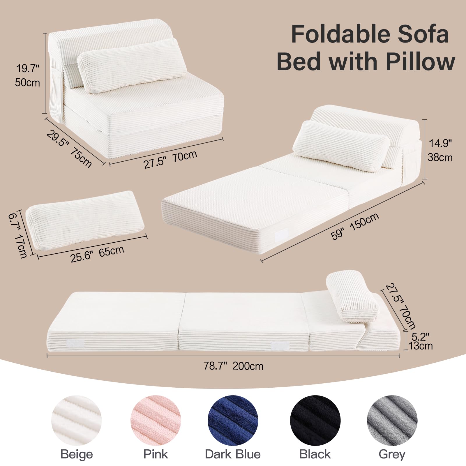 Folding Sofa Bed with Pillow, Convertible Sleeper Chair, Comfy Floor Futon Couch Mattress Lounge Sofa for Adults Portable Fold Out Chair Bed for Living Room Bedroom, Single, Beige