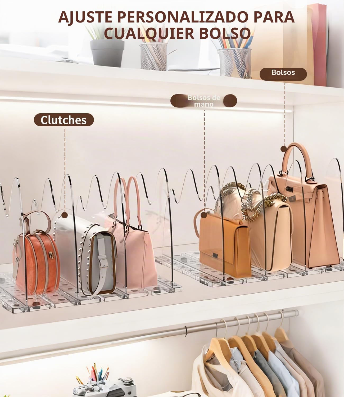 Set de 10 Separadores de Bolsos, Organizador de Armario Ajustable con Base Ranurada y Divisores, Ideal como Organizador de Armario y Bolsos de Mujer, También para Cocina, Baño y Escritorio