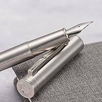 Vista 5 de HONG DIAN Pluma estilográfica 1861, punta de hoja larga, diseño de acero inoxidable plateado con convertidor y estuche de metal