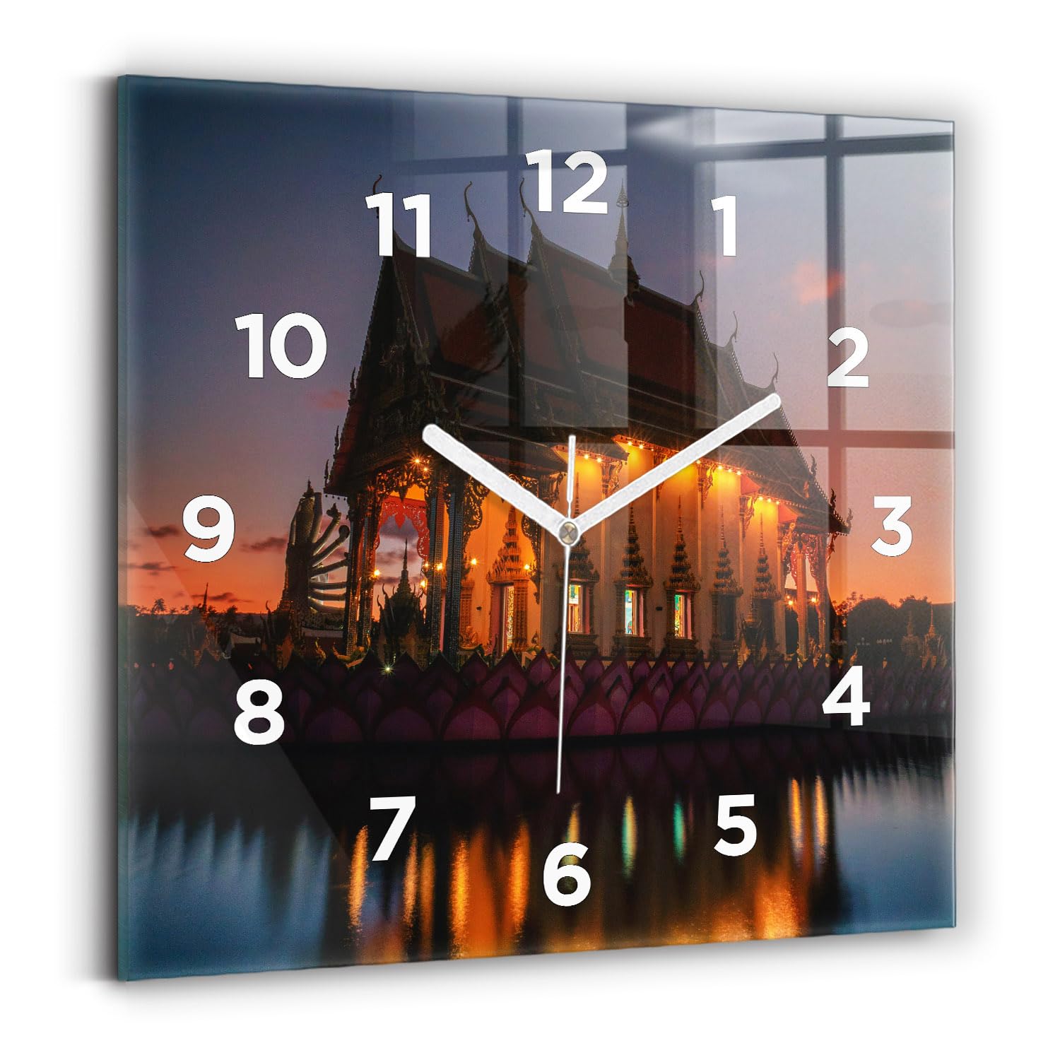 Horloge murale moderne silencieuse sans tic-tac 30x30 cm design temple asiatique