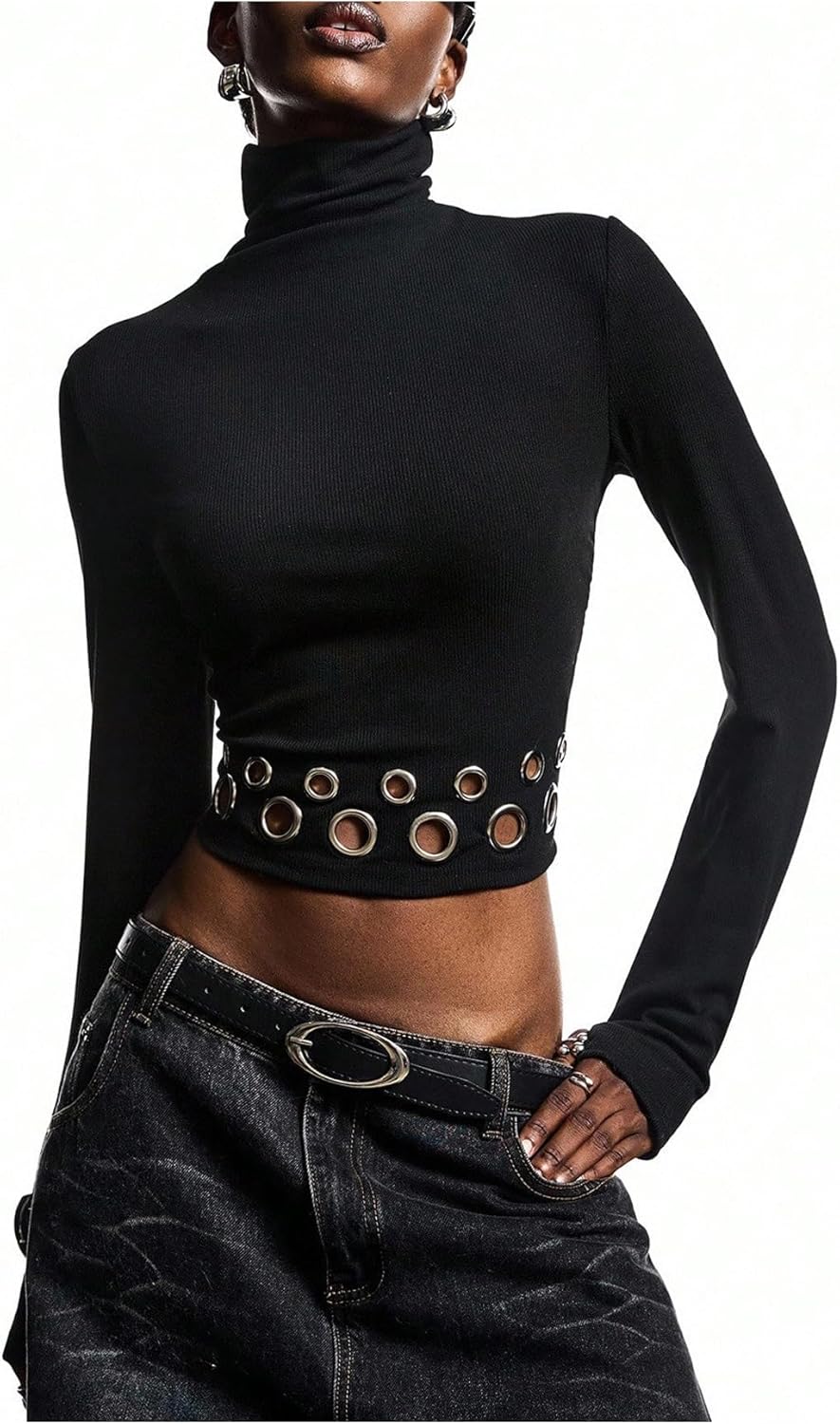 SOLY HUX Women's Y2k Long Sleeve Going Out Tops Turtleneck Crop Shirts Grommet Eyelet Tee Fitted T Shirt Rave Outfits - Image 4