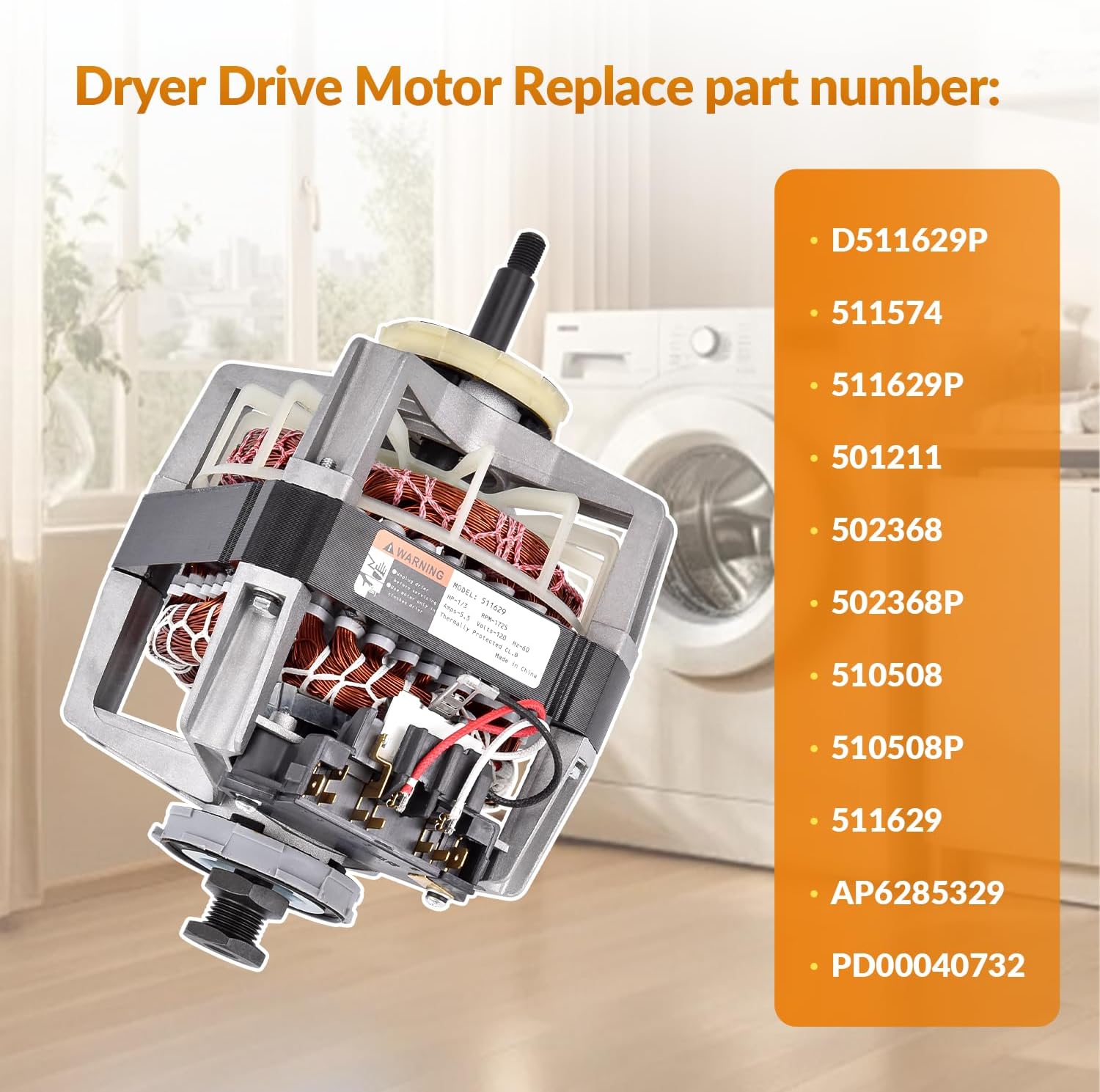D511629P 511574 511629P Dryer Drive Motor Compatible with Speed-Queen Dryer, Replacement 501211, 502368, 502368P, 510508, 510508P, 511629, AP6285329, PD00040732 | D511629P 511574 511629P Dryer Drive Motor Compatible with Speed-Queen Dryer