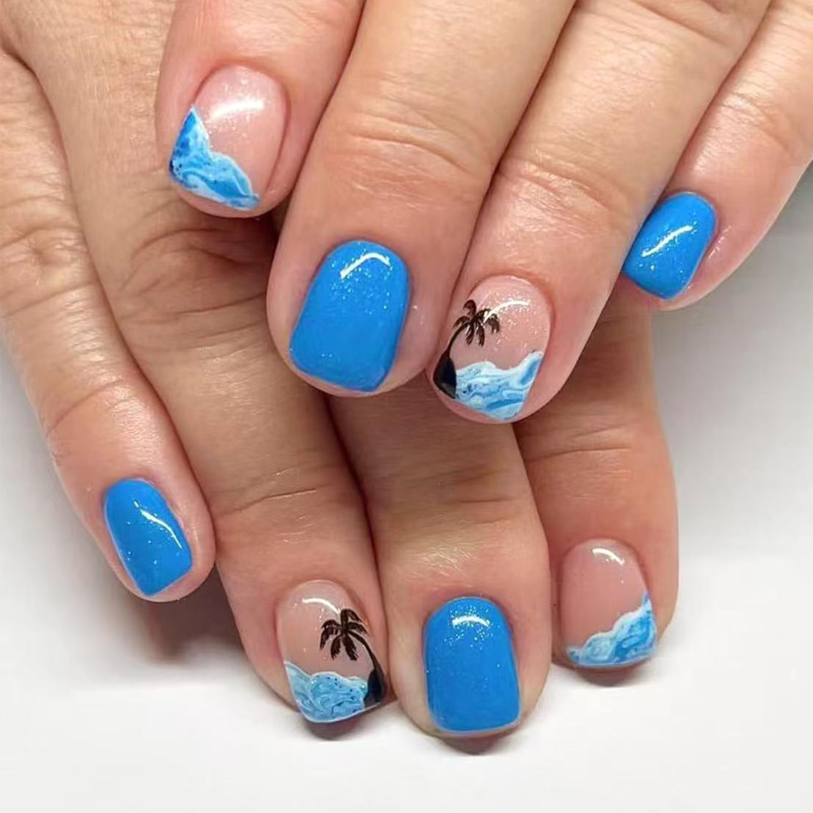 Blue French Tip Press on Nails Short Square Fake Nails with Designs Ocean Sea Waves Glue on Nails Coconut Tree Acrylic Nails Summer Artificial Nails