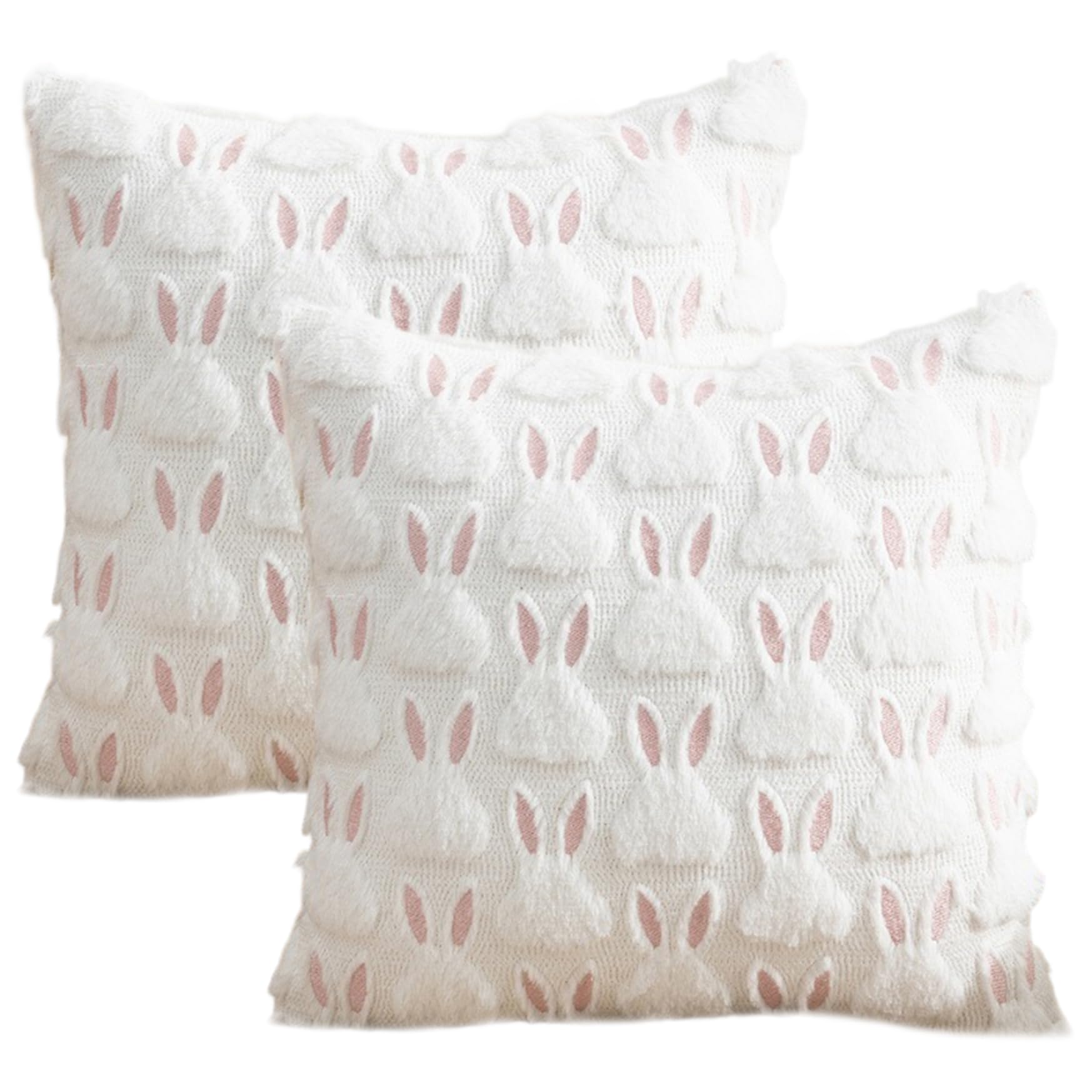 Housses de coussin Pâques 45x45 cm en jacquard fausse fourrure motif lapin blanc lot de 2