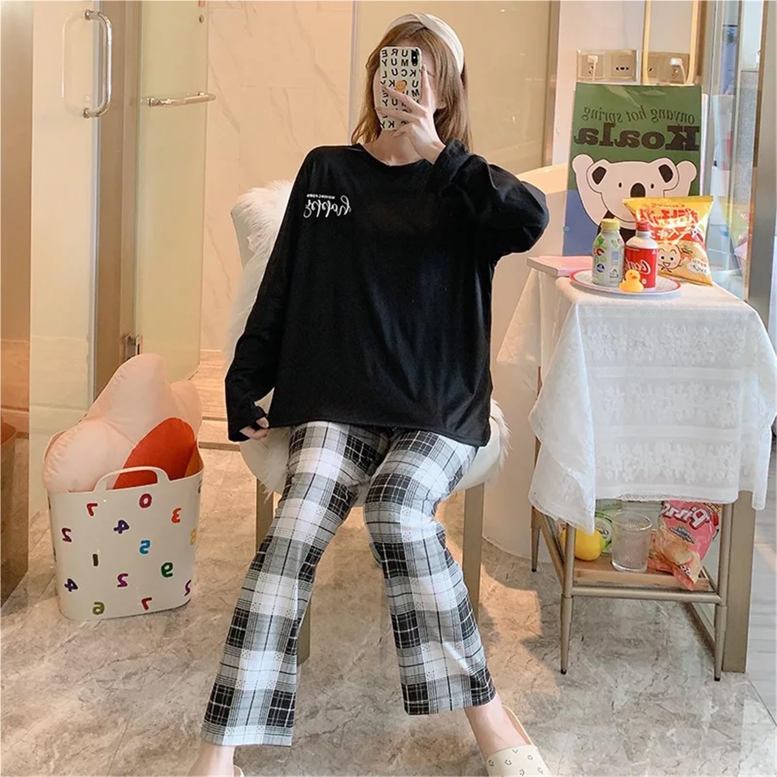 Women's Two-Piece Pajamas Set, Spring and Autumn Homewear, Long-Sleeved Trousers Suit, Simple and Wearable Outside(Blue)