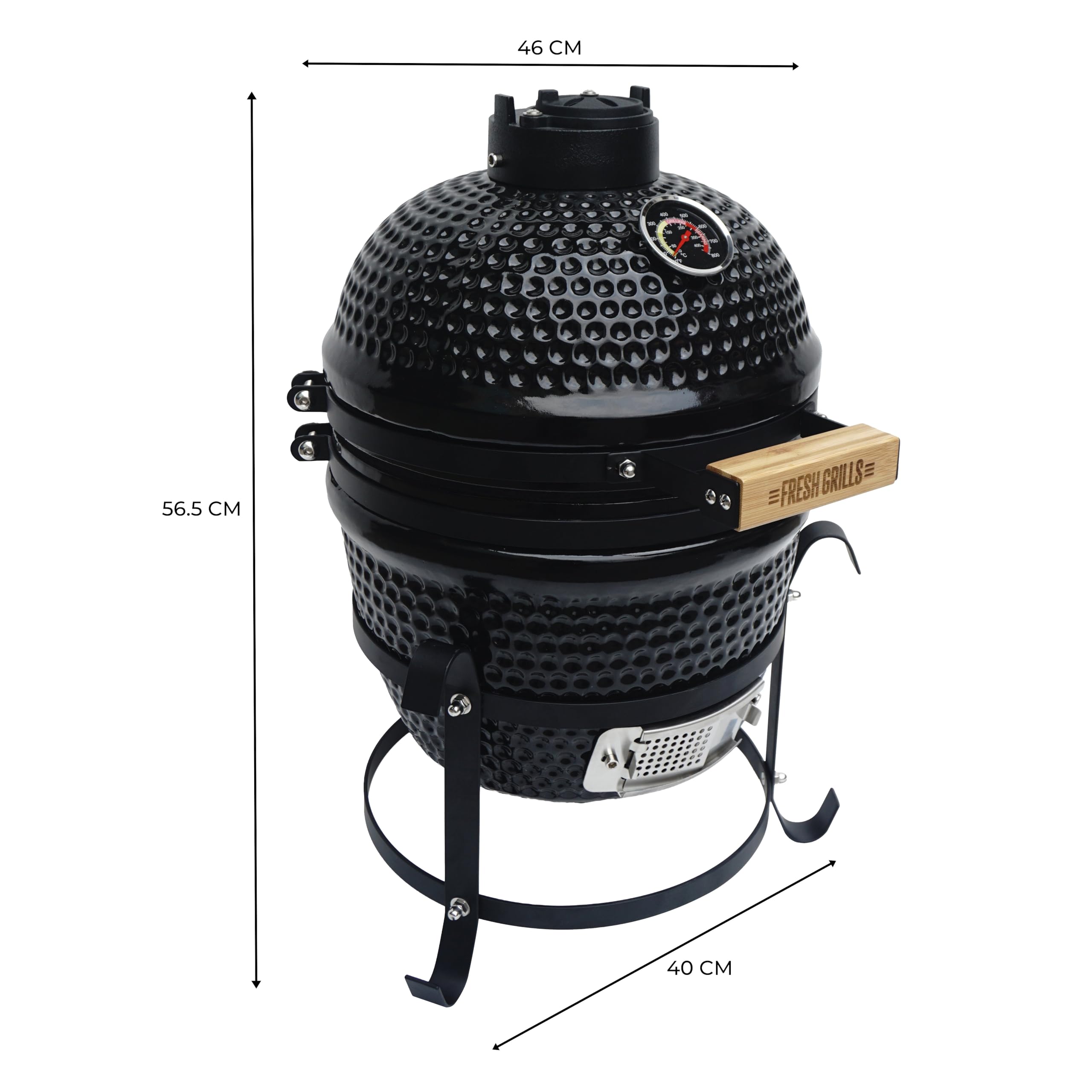 Parrilla Kamado Cerámica 33 cm (13”) Negra con Termómetro – Barbacoa de Carbón Compacta con Control de Temperatura, Acero Inoxidable, Incluye Funda y Utensilios