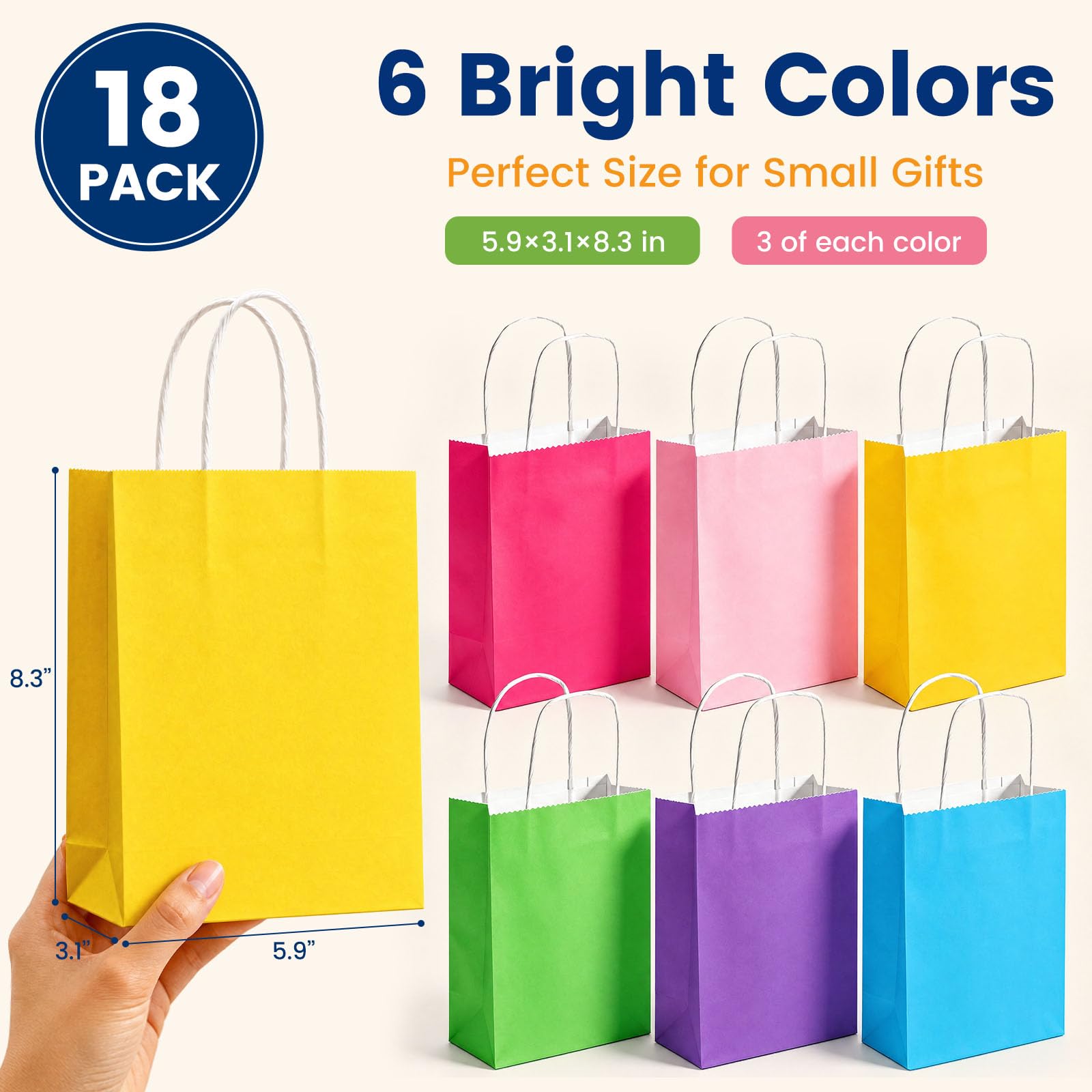 LovesTown 18pcs Small Gift Bags with Handles, 5.8x3.1x8.3 Inch Goodie Bags 6 Colors for Birthdays, Weddings, Classrooms Party Favors