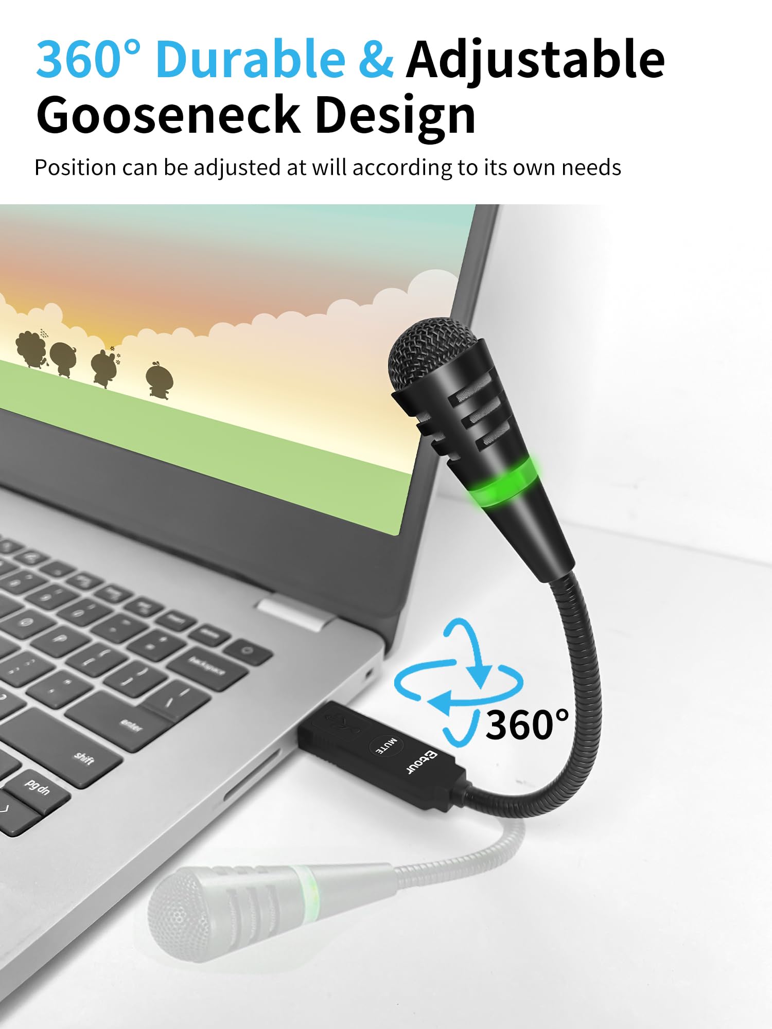 Mini microfono USB a collo di cigno per laptop, piccolo microfono cardioide a condensatore USB, pulsante mute con indicatore LED per PC e Mac, Plug & Play, lavoro a distanza online, riunioni di