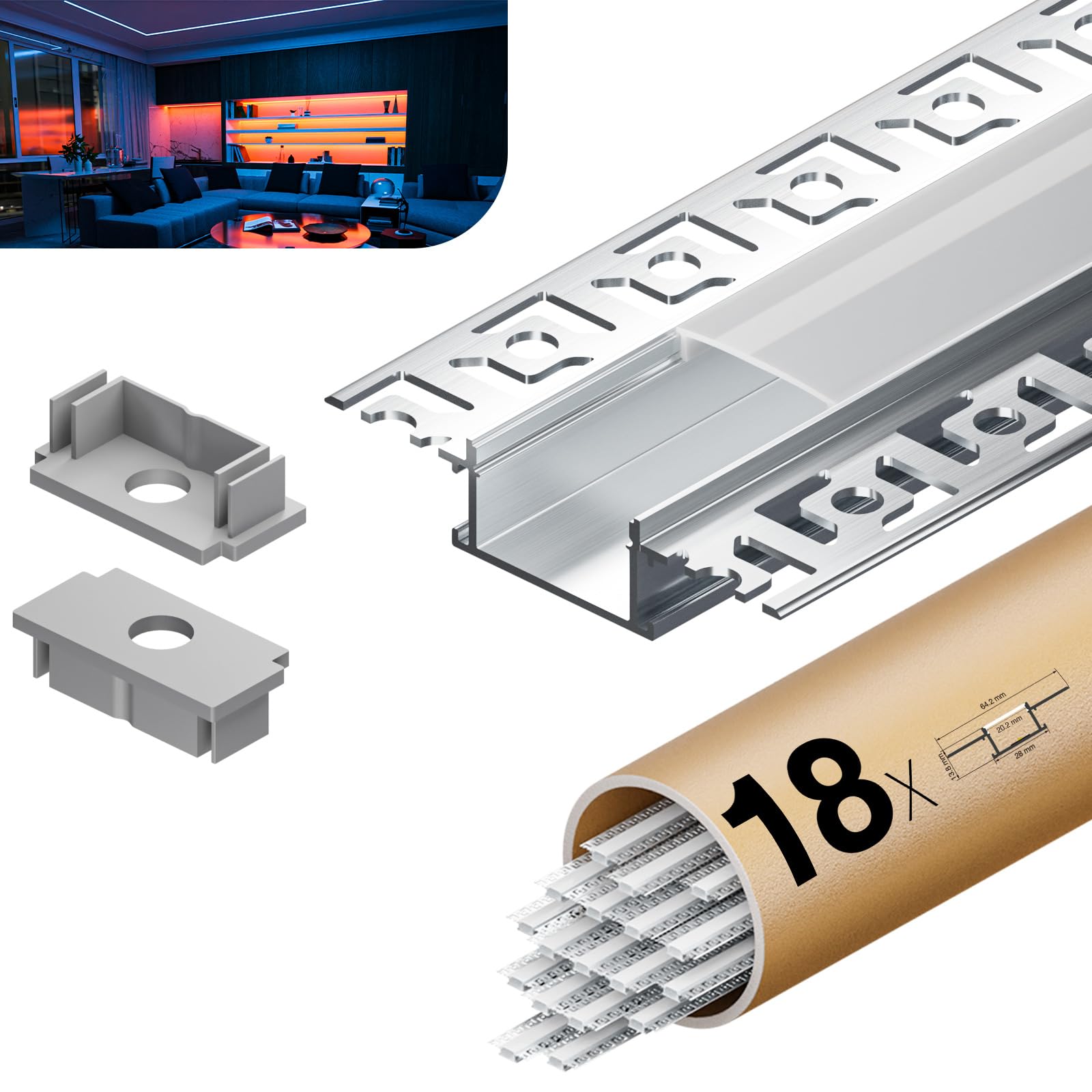 Profilo LED per strisce LED 2 m x 18 pezzi 36 m con copertura in PC opaco Dimensioni 28 mm x 13,8 mm lamelle 64,2 mm, per strisce LED con una larghezza inferiore a 20,2 mm, con accessori di