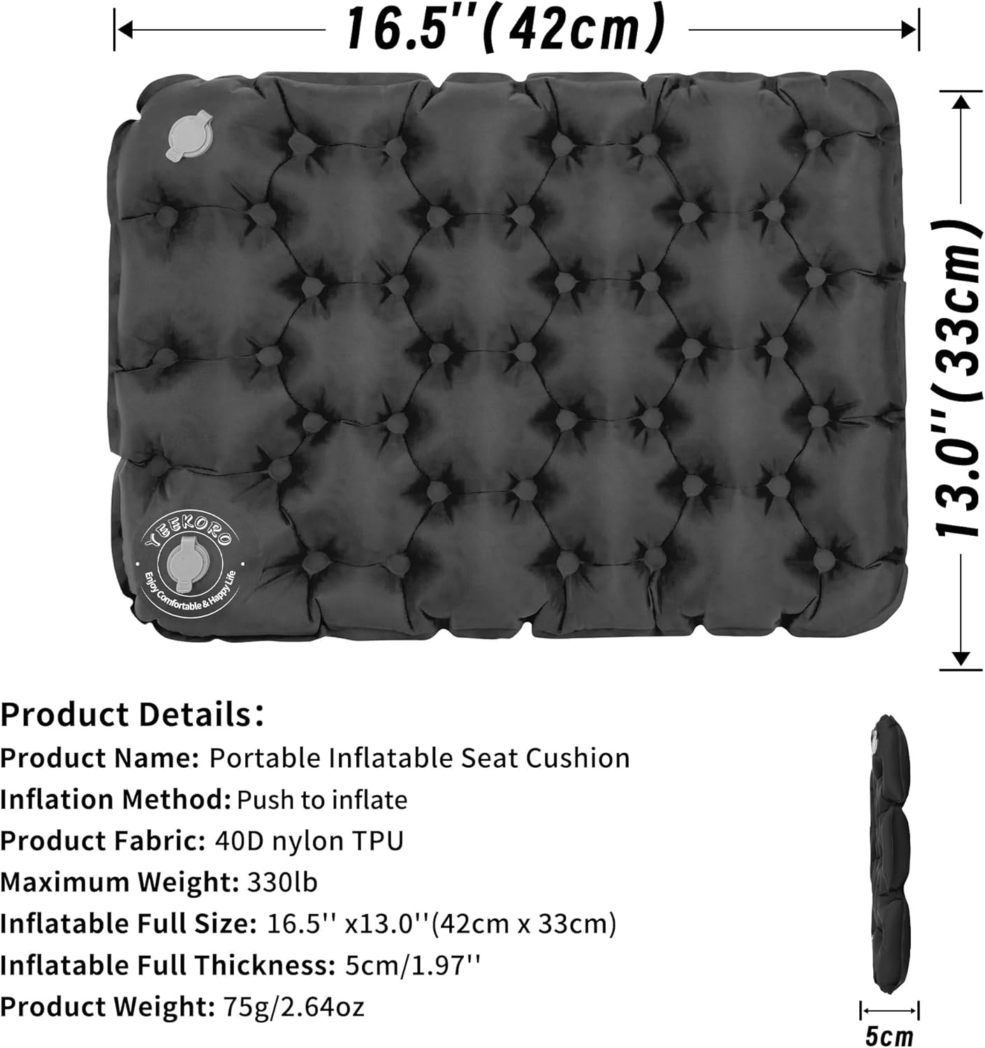 Inflatable Seat Cushion, Lightweight Camping Air Sitting Pad with Repair Cloths, Waterproof Air Seat Cushion, Portable Push-Press Seat Cushion for Airplane Travel Hiking Office Stadium Seat