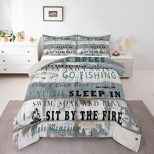 Miniatura 23 de Juego de edredón de decoración de casa de lago para dormitorio, ropa de cama de remo de lago, juego de ropa de cama de cabaña vintage con diseño