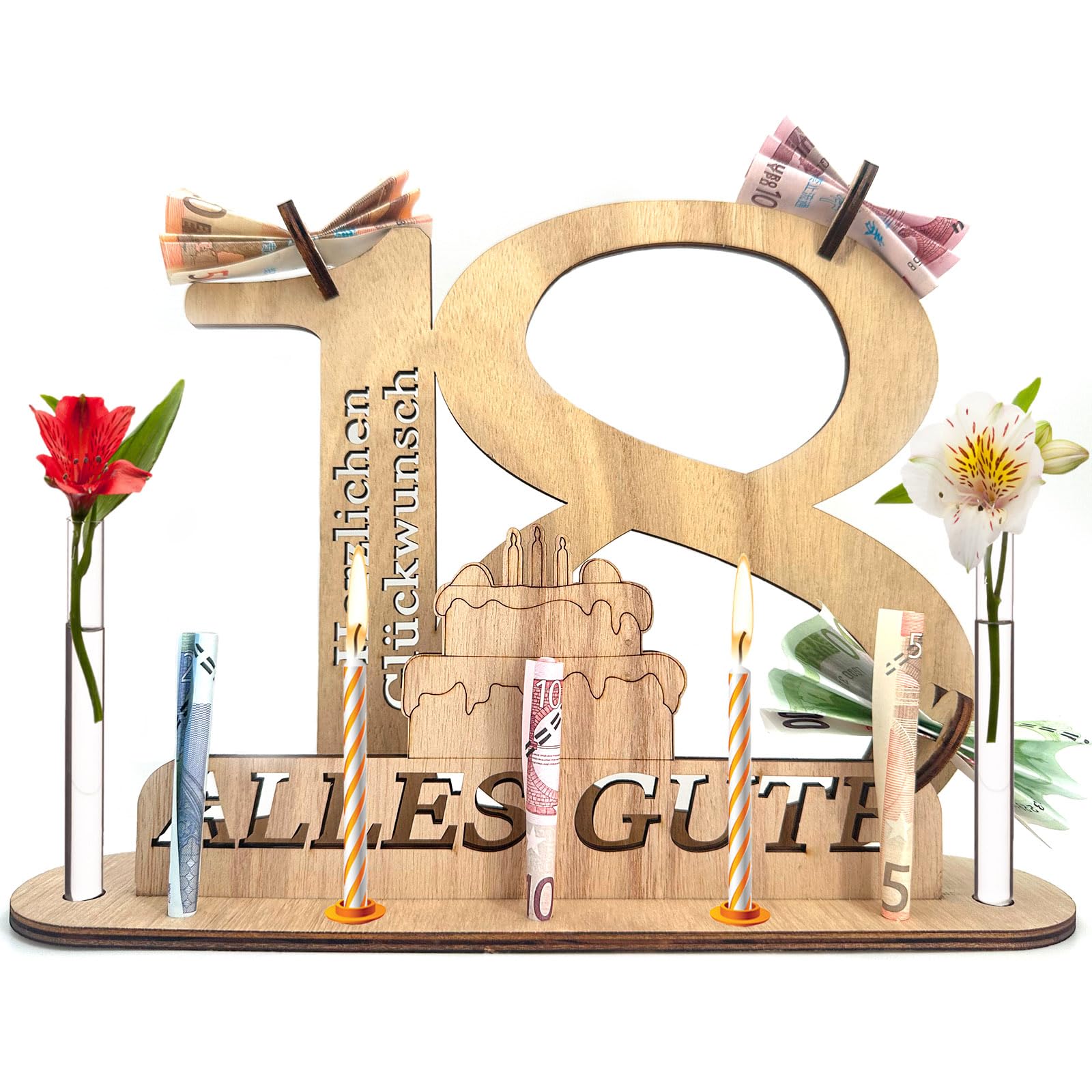 KEELYY Gastenboek met houten bordje voor 18e verjaardag, jubileum voor 18 jaar, man en vrouw, als gepersonaliseerd cadeau, decoratie voor de 18e verjaardag, met standaard en kaarsenhouder