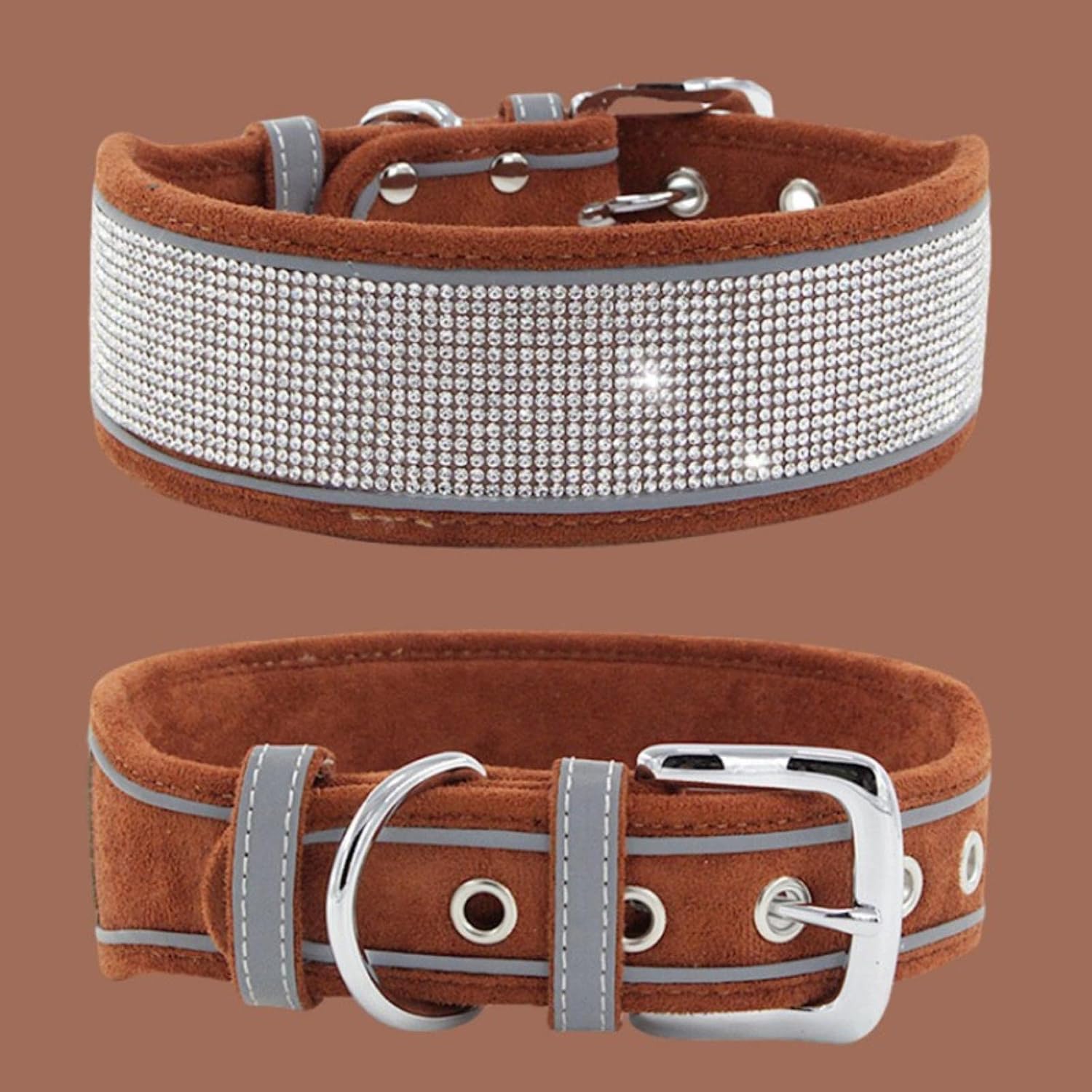 Collar de Lujo con Diamantes de imitación, Suave, Ajustable, Personalizado, Reflectante, Ancho y Brillante, for Perros pequeños y medianos. ，Collar de Perro(Brown,L)
