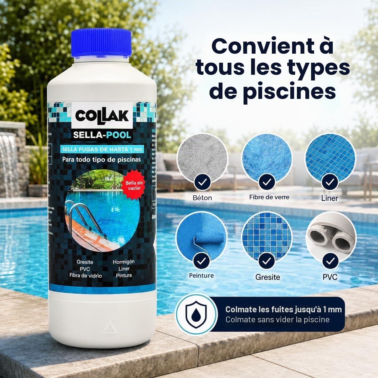 Collak - Scellant de Fuites pour Piscines Scella-Pool 1L – Répare les Fissures sans Vidanger – Compatible avec Liner, Béton, PVC, Fibre, SPA, Réservoirs et Tuyaux – Usage Professionnel et Domestique
