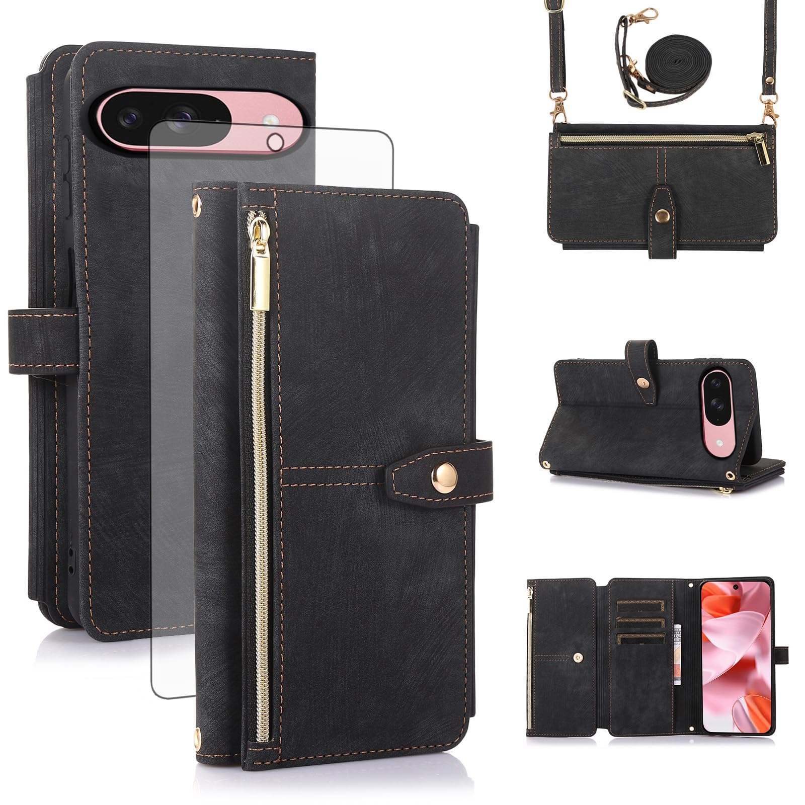 Asuwish Handyhülle für Google Pixel 9/9 Pro 5G Hülle mit Band Folie Schutzfolie Kartenfach Klappbar Leder Geldbörse Ständer Pixel9 9Pro Reißverschluss Cover Handy Hüllen Schutzhülle Phone Case Schwarz