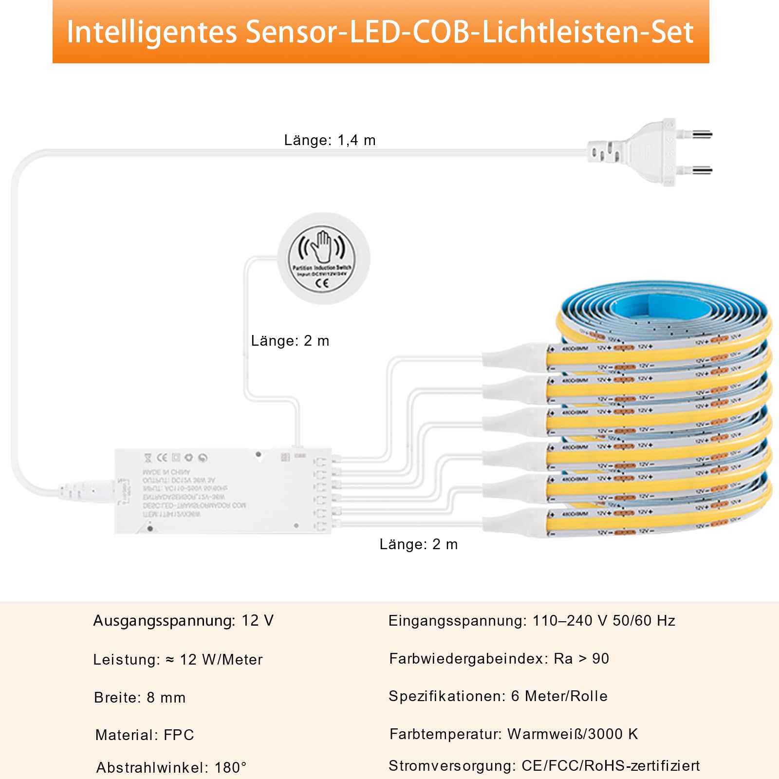 Set 6 in 1 strisce LED COB 12V, 6 pezzi da 1m luce bianca calda regolabile, comando touch e sensore gestuale nascosto, illuminazione per armadio, cucina, vetrina, scaffale e cantina vino