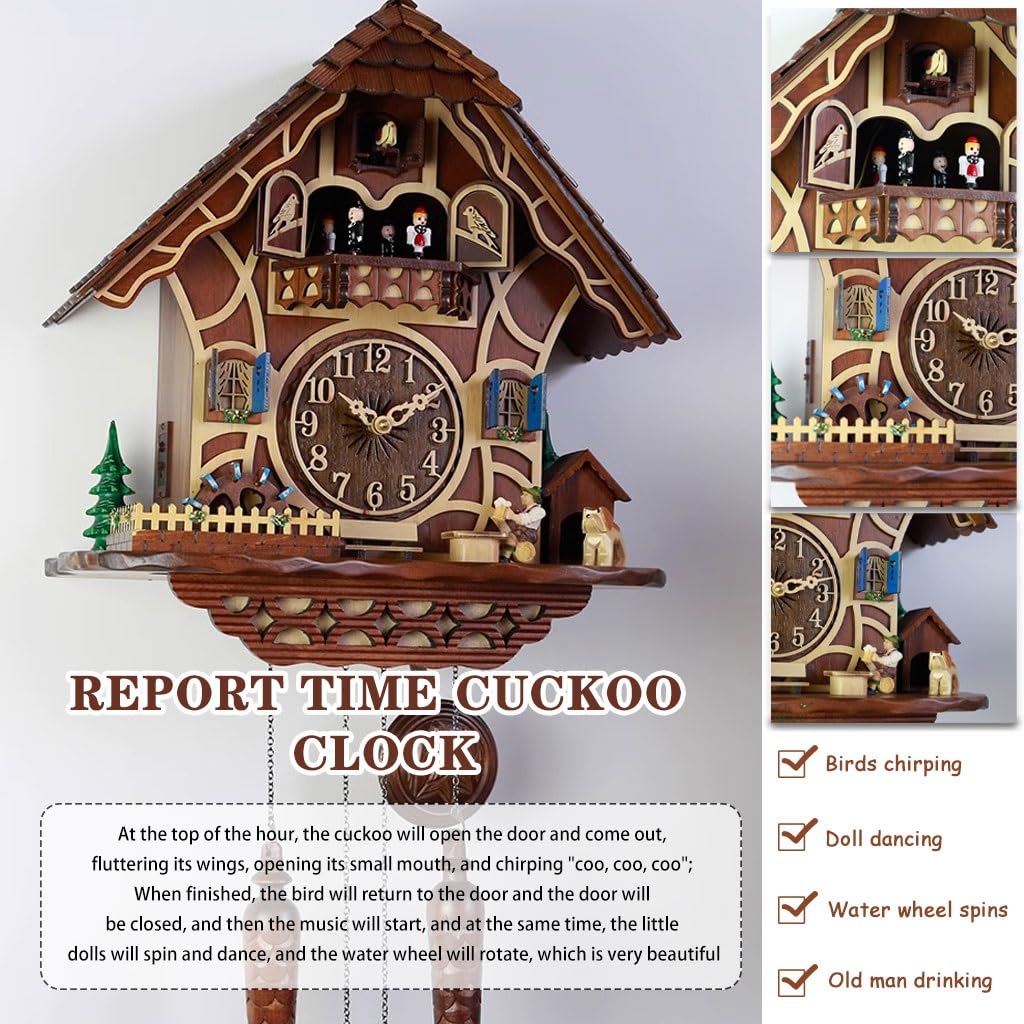 Cuckoo Clocks Arabic Numeral Dial Cuckoo Clock, Living Room Music Wall Clock, Micro Landscape 3D Wall Decoration, for Schools and Libraries, Brown