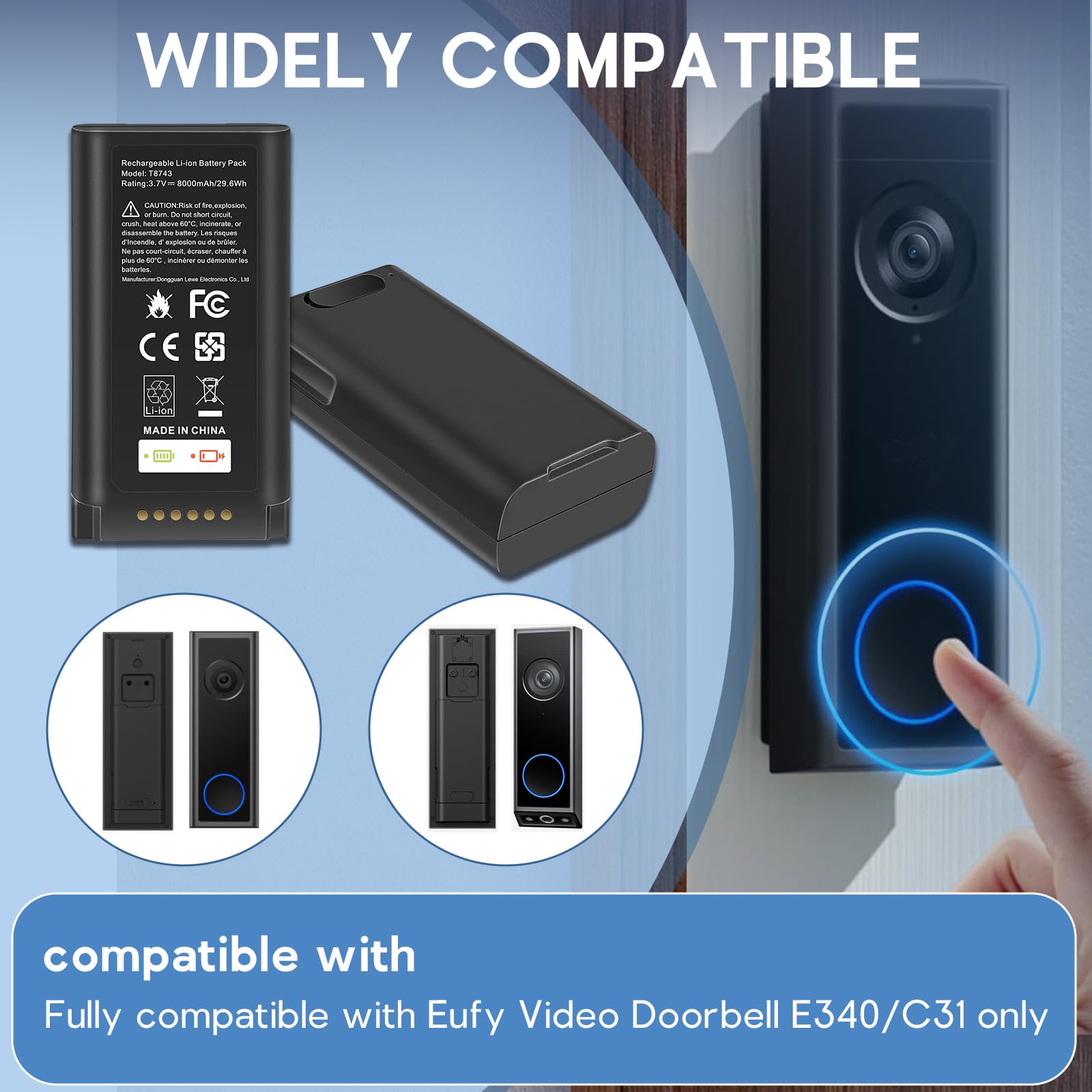 8000mAh Akku, kompatibel mit der Eufy E340 C31 Video-Türklingel; Ersatzakku mit hoher Kapazität für den Eufy E340-Akku, inklusive Typ-C-Ladekabel