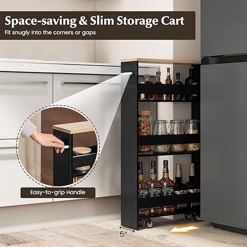 Miniatura 8 de LOKO Carrito de almacenamiento delgado, carrito rodante de 4 niveles con asa y parte superior de madera para cocina, baño, lavandería, sala de