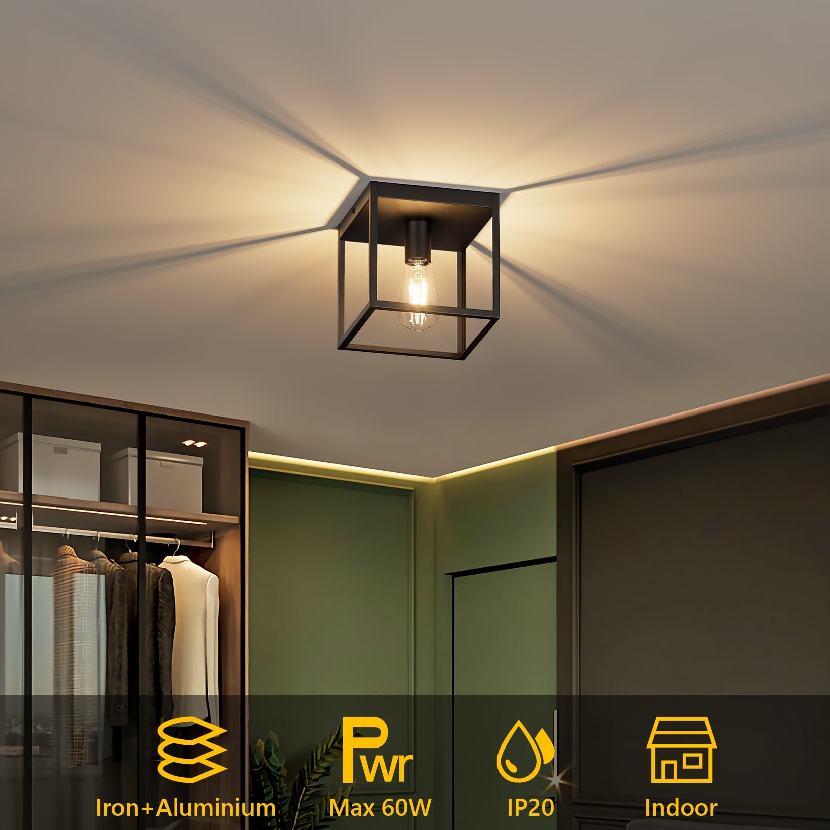 Klighten 2 Stück Schwarz Deckenleuchte E27, Leuchtmittel nicht Inklusive | E27 Fassung industrial deckenlampe schwarz eckig, Aluminium und Eisen, vintage Deckenlampe für Flur Schlafzimmer Wohnzimmer