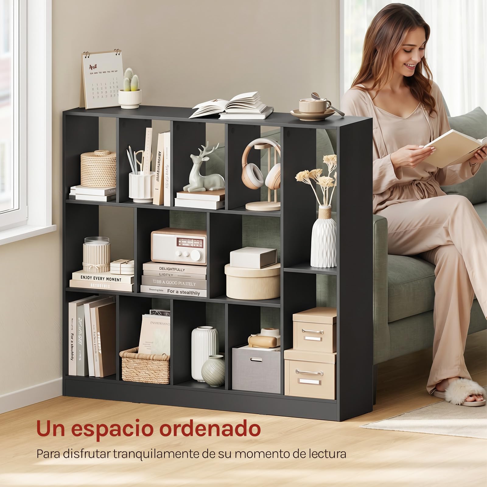WOLTU Librería para Libros, Estantería Almacenamiento de 13 Cubos en 3 Tamaño, Biblioteca Separador de Espacios, Colocación Vertical y Horizontal, para Estudio u Oficina,109x24x101 cm, Negro