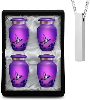 Set of 5 Hummingbird Small Keepsake Urns for Human Ashes – 4 Mini Cremation Urns with 1 NecklaceUrn for Ashes
