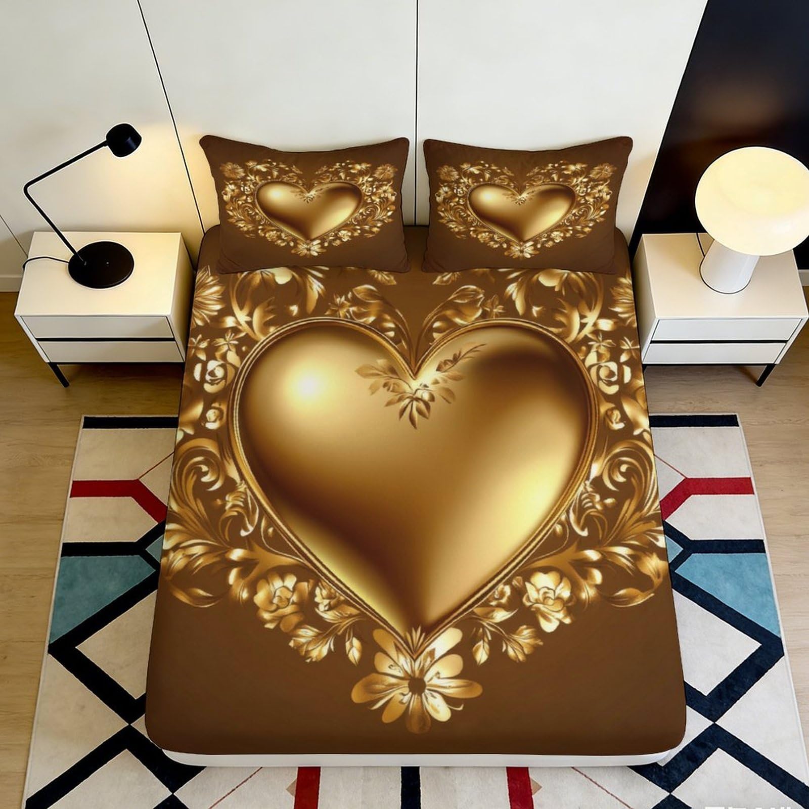 3D Printed Golden Heart Floral Fitted Sheet Microfiber Non Slip Bed Cover for Bedroom Guest Room Easy Care 200x200x25cm