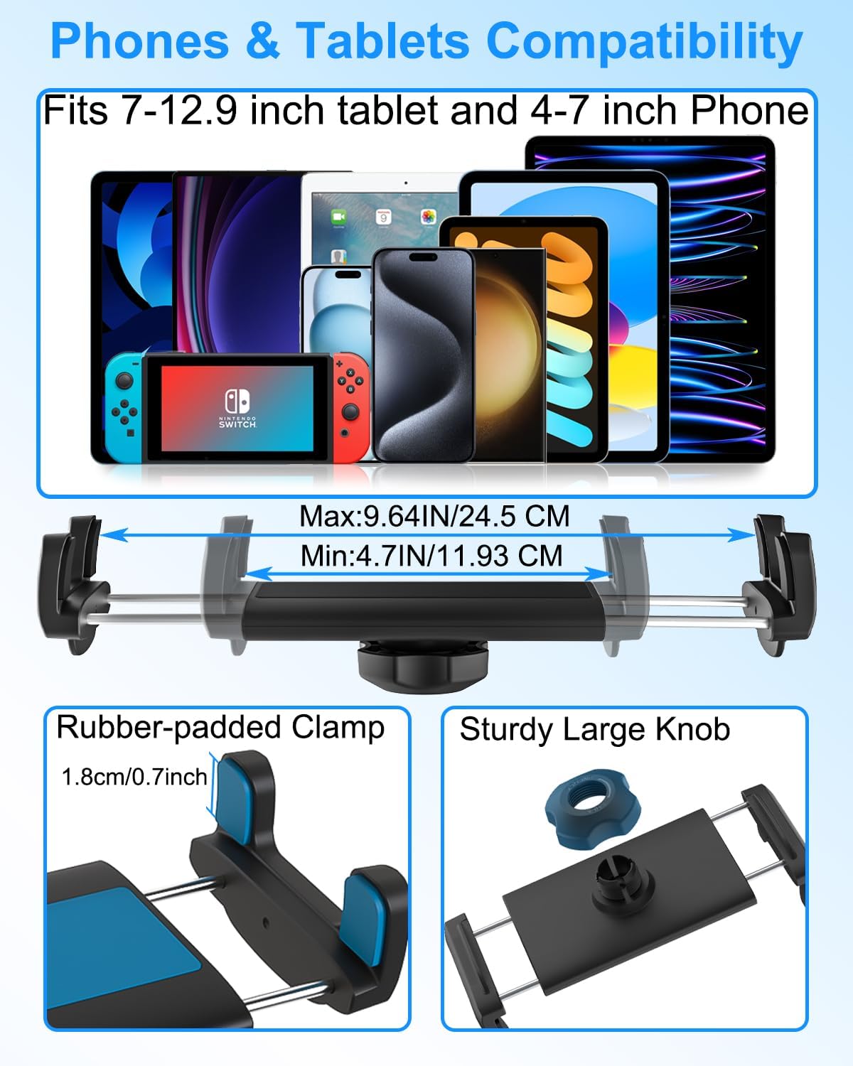 Cup Holder Tablet Mount for Car, iPad Cup Holder Mount for Truck with Adjustable Arm, Car Cup Tablet Holder for iPad Pro 12.9, Air, Mini, iPhone, Galaxy Tab/Z Fold, 4.7-13" Tablets