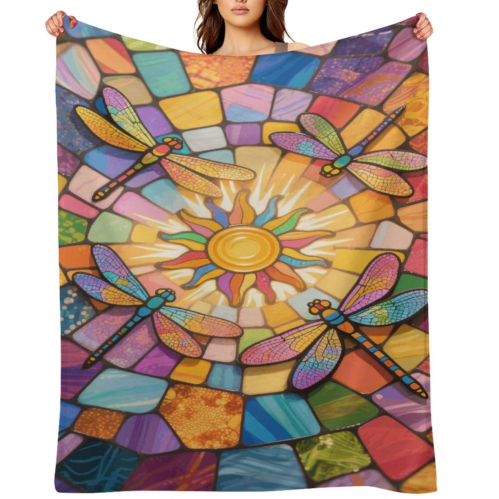 Stained Glass Dragonfly Throw Blanket for Couch and Bed Super Soft Warm Lightweight Throw Blankets Cozy Fuzzy Flannel Blanket Personalized Decorative Blankets for Sofa Decor 40"x50"