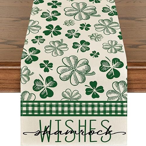 Miniatura 1 de Camino de mesa de trébol de cuatro hojas de San Patricio Green Wishes a cuadros, 13 x 72 pulgadas, decoración de bandera de mesa para el hogar,