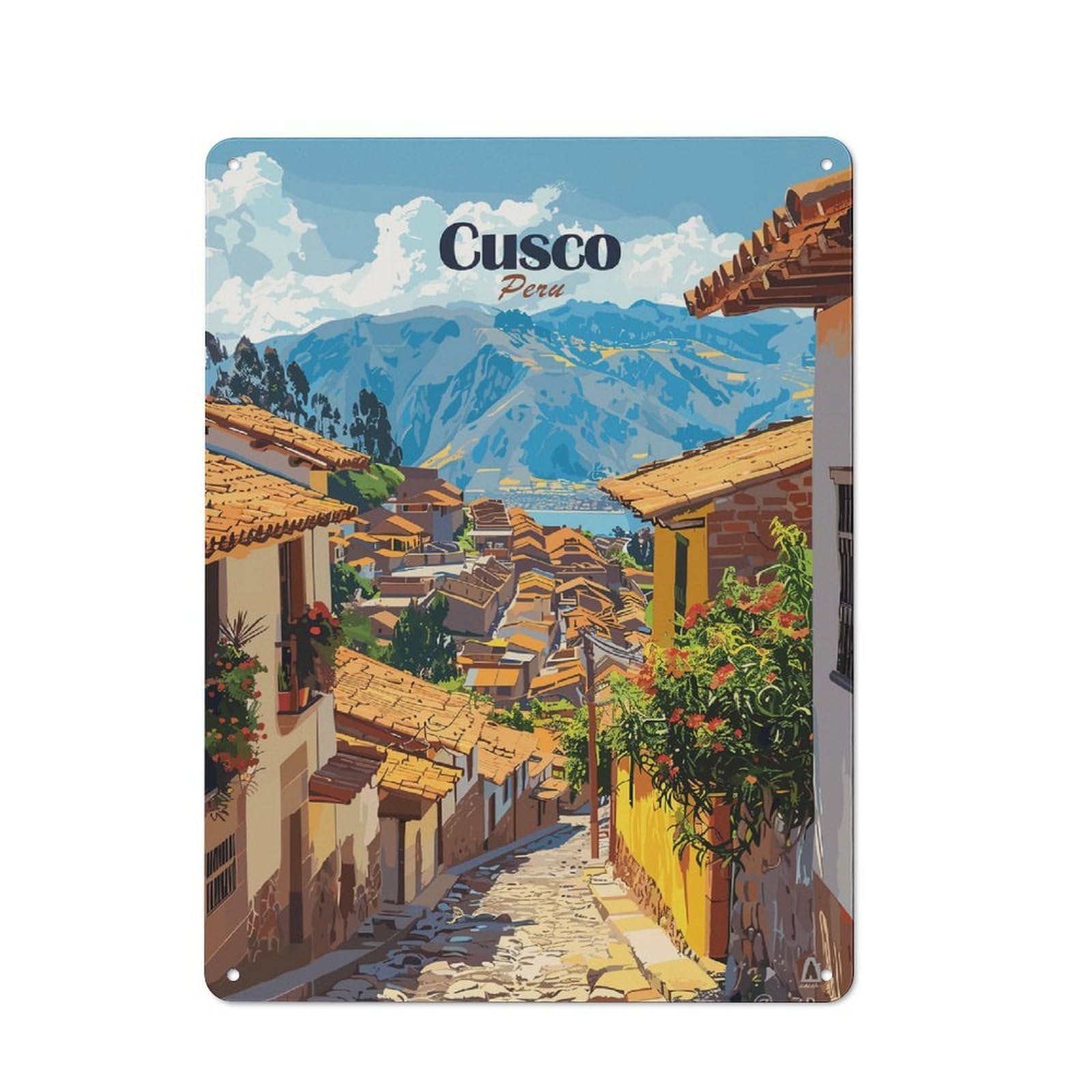 Junmoney Style-18 Cusco, Peru Cityscape Rustic Metal Plaque 40X30cm For Living Room Or Hallway, For Garage, Workshop And Man Cave Decoration