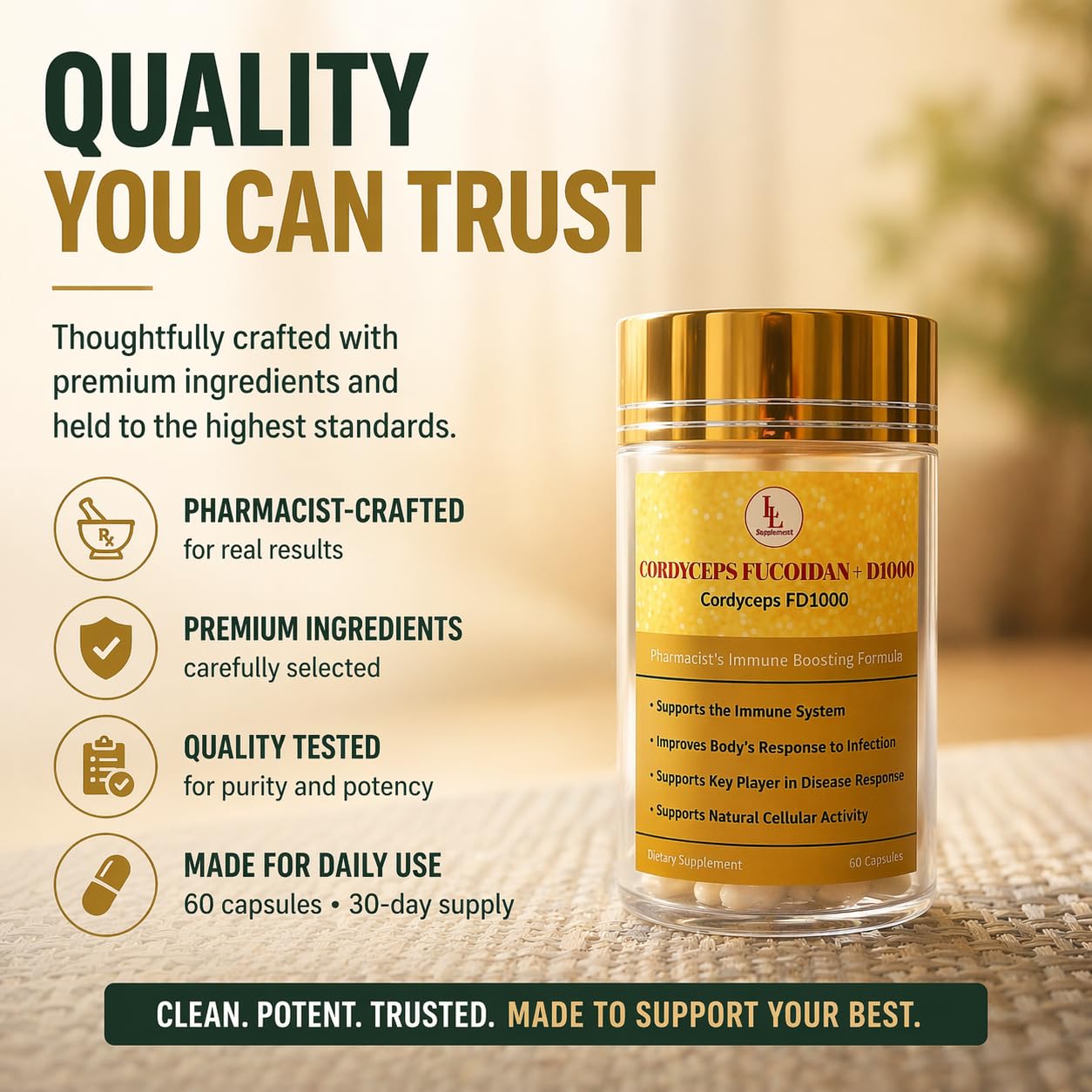 LL Supplement Cordyceps FD1000, Cordyceps Fucoidan Vitamin D, 60 Capsules — Amazon image 4