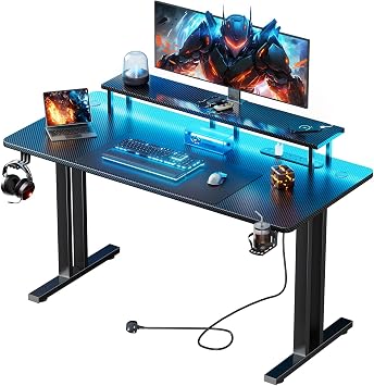 DLONGONE 160 x 60 cm Gaming Desk with LED Lights & 3 Power Outlets, Black