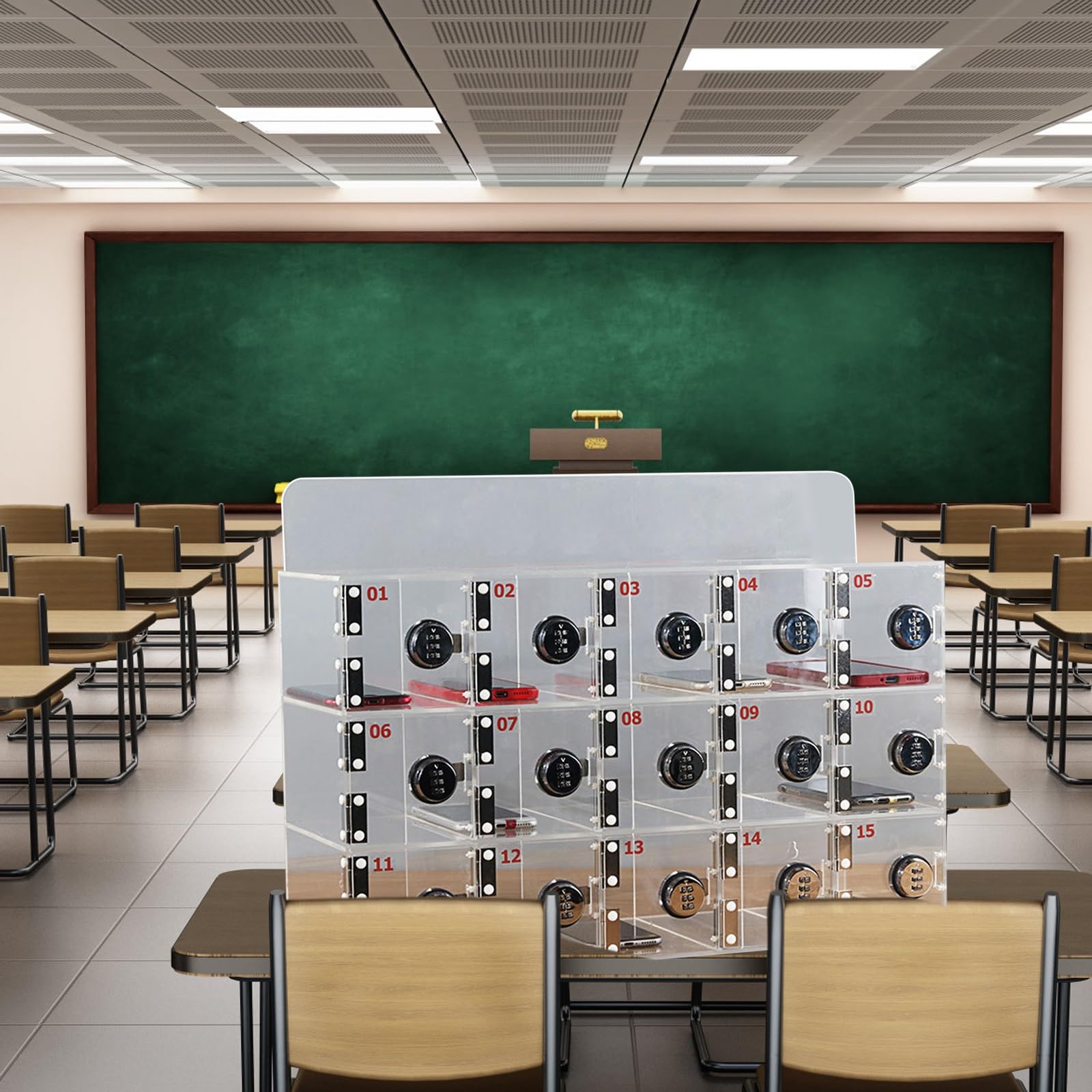 Organizer per telefono in acrilico, per aule e uffici, trasparente, ideale per materiale scolastico e organizzazione della scrivania (4 scomparti)