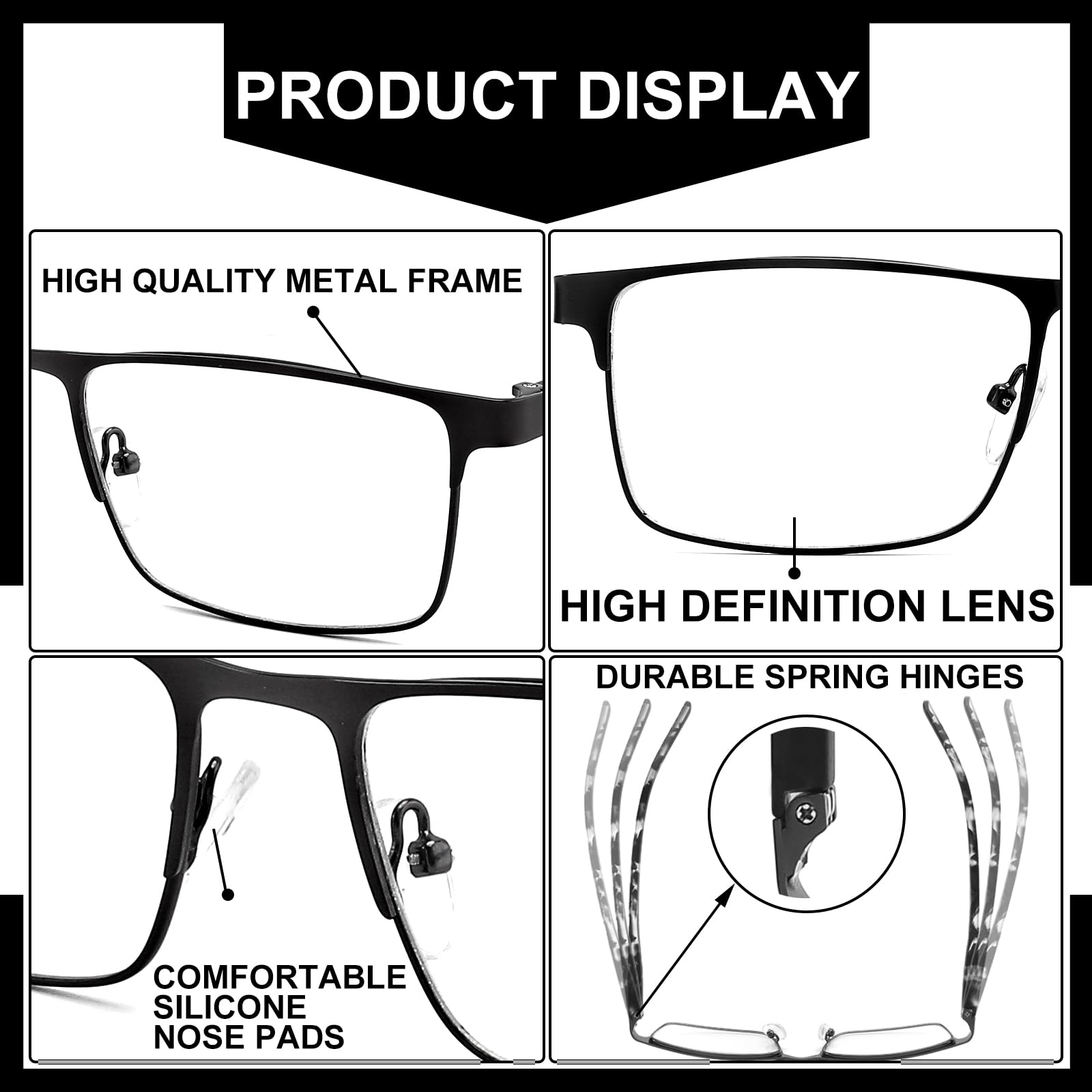 5er-Pack Lesebrille für Herren, mit Blaulichtblockierung, Federscharnieren und Metallrahmen (2,0 Vergrößerung).