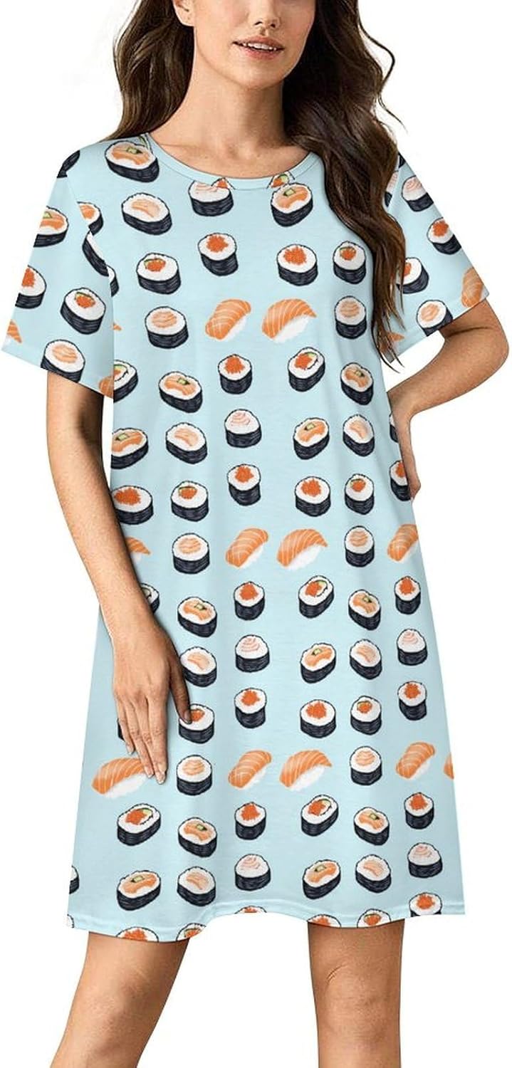 Sushi1 Japanese Food Nightgowns for Women Short Sleeve Sleep Dress Casual Sleepshirt Night Gowns Pajamas