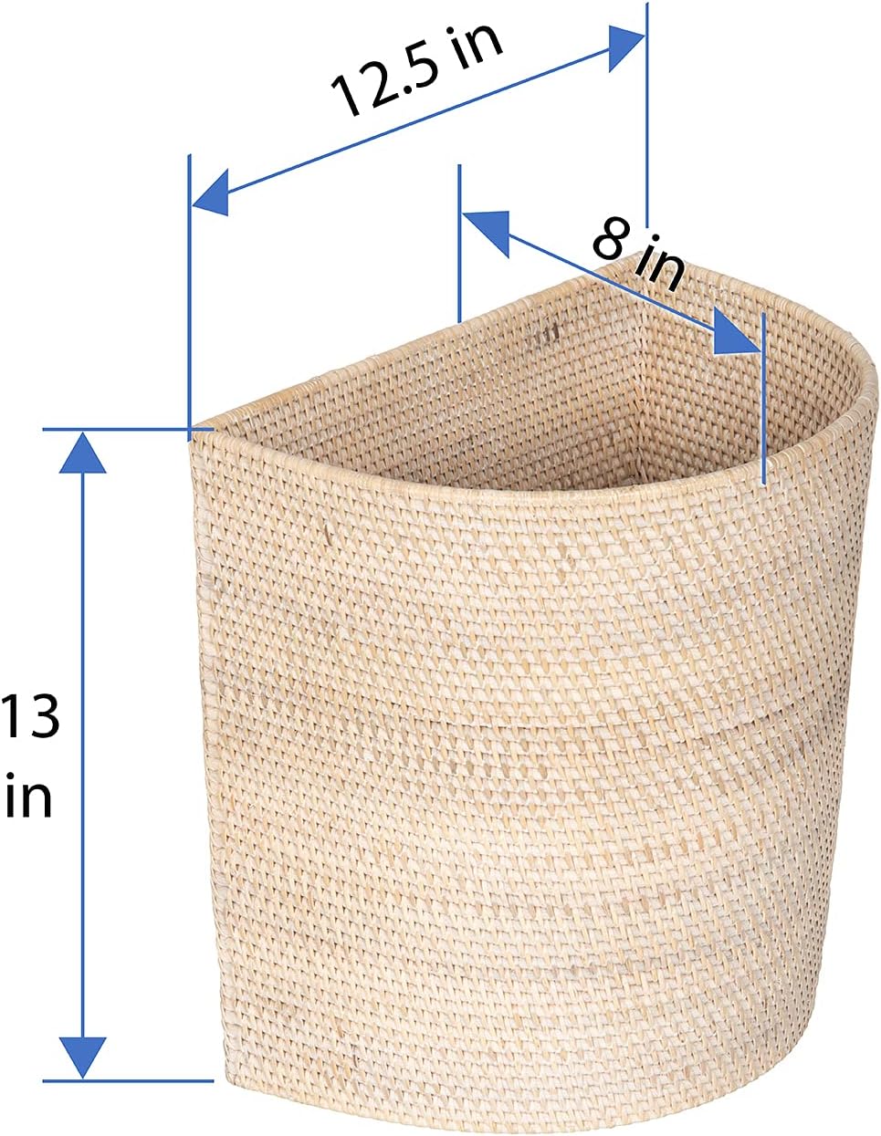 KOUBOO Laguna Half-Moon Rattan Waste Basket – Decorative Trash Can for Bathroom, Bedroom, Kitchen & Office – Boho Home Decor, Small Wicker Basket for Trash Storage, Off-White/Latte