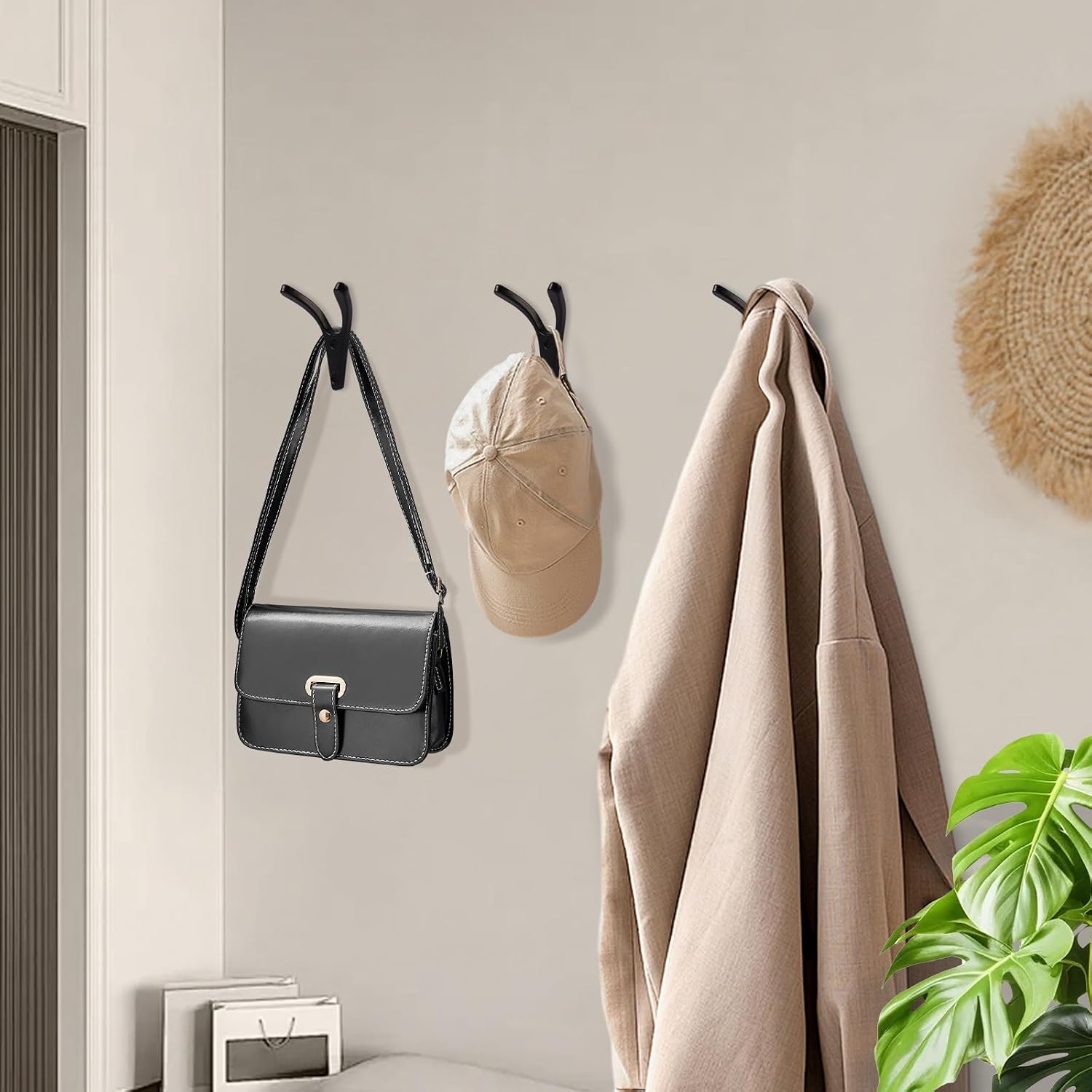 SIAMESE Aluminum Wall Hook, 4 Pcs Easy-to-Install Matte Black Wall Hooks, for Garage, Kitchen, Bathroom, Shed, Office (Matte Black)