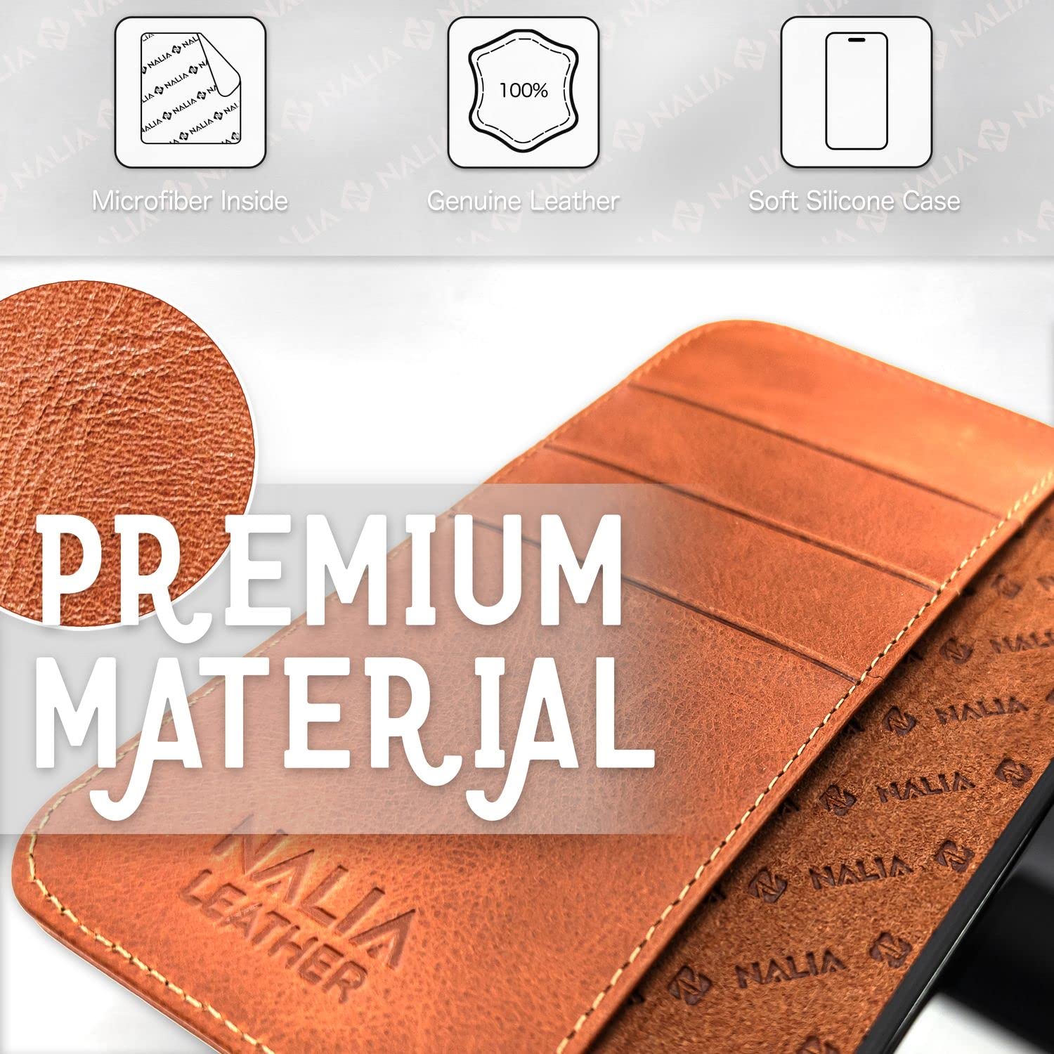 NALIA Flip Cover In Vera Pelle Per IPhone 14 Pro Max - Custodia Fatta A Mano Con Protezione RFID, Slot Carte E Funzione Stand - Marrone