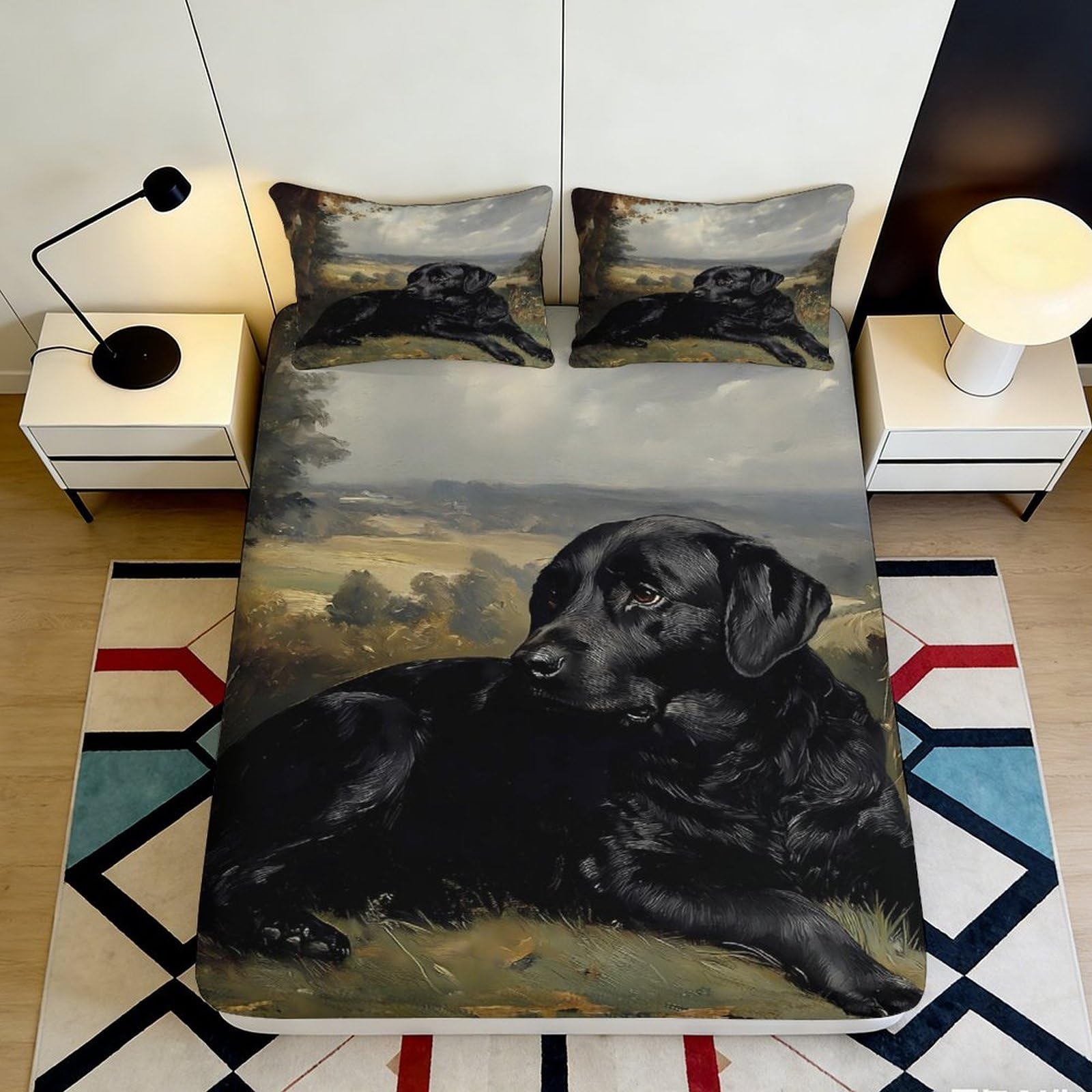 3D Printed Black Labrador Dog Fitted Sheet Microfiber Soft Animal Landscape Bed Cover for Bedroom Guest Room Easy Care 90x200x25cm