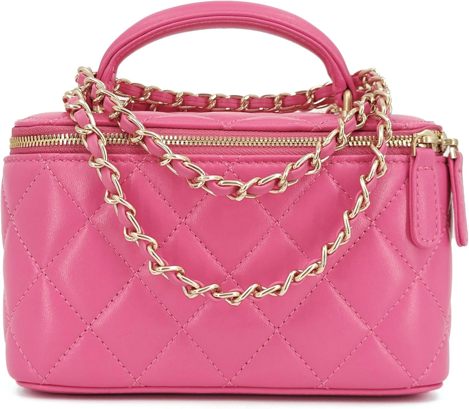 Small Genuine Leather Purse Quilted Crossbody Bag for Women, Mini Top-Handle Shoulder Handbag w/Gold Chain Strap