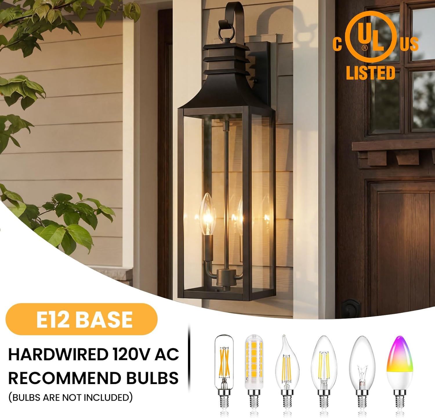 22" Large Outdoor Wall Lights, 2-Pack Black Porch Lights with Clear Glass, Waterproof Exterior Lighting Fixtures, E12 Socket Modern Farmhouse Wall Sconces Lantern for House Garage, Aluminum Frame