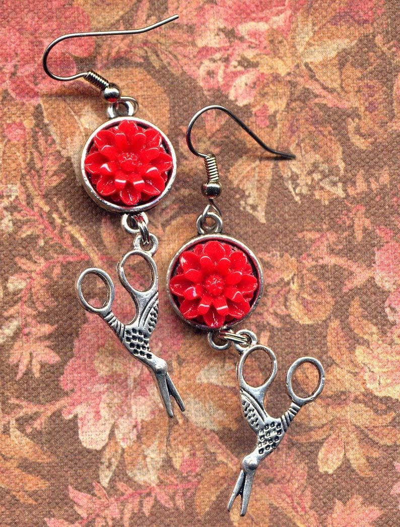 Scissor Earrings, Hairdresser Earrings, Scissors Earrings, Surgical Steel Earrings, Red Flower Earrings, Handmade jewelry by AnnaArt72