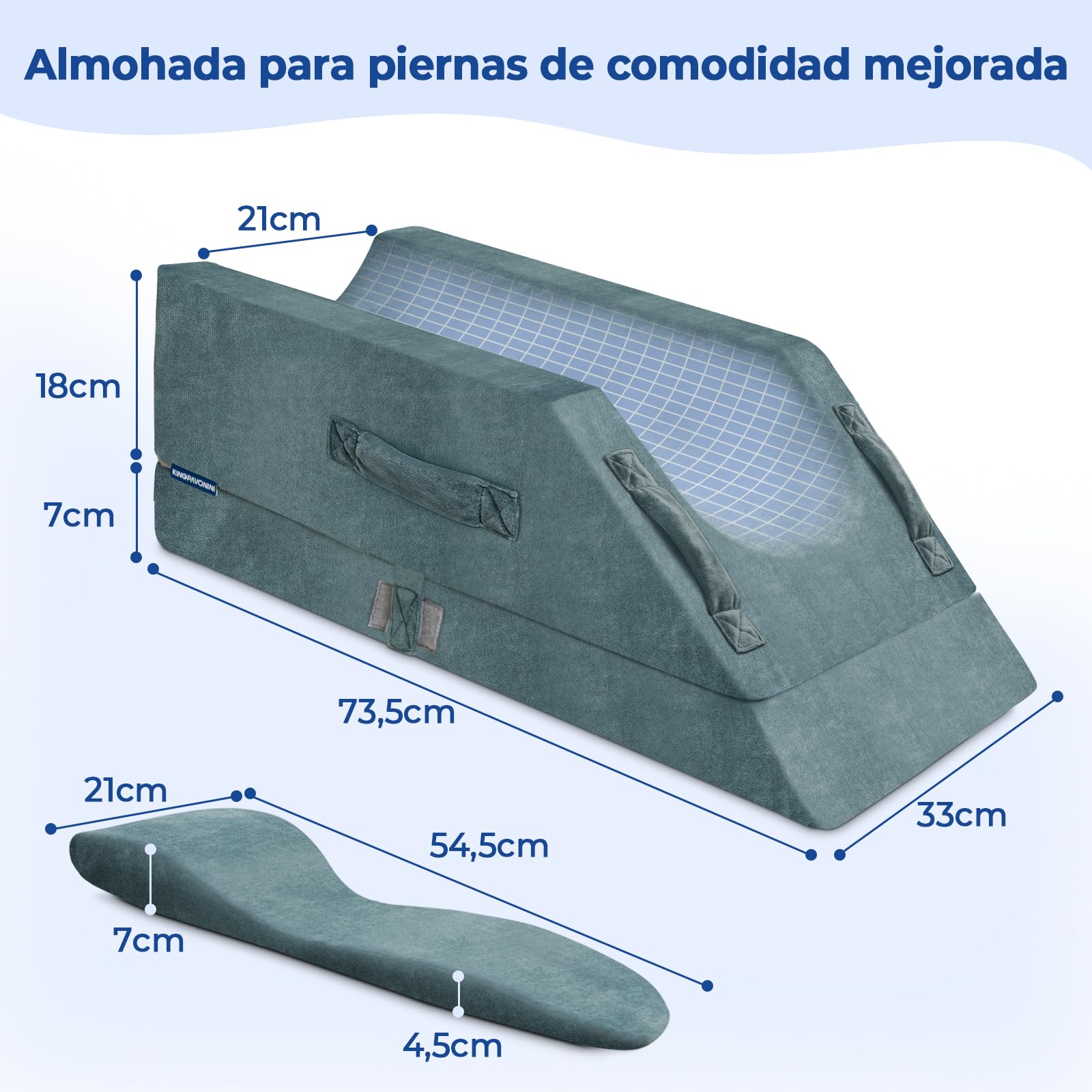 KingPavonini Almohada Elevadora de Piernas Ajustable en Altura, con Curva Ergonómica y Memoria para Aliviar Hinchazón y Dolor. Ideal para Recuperación Postoperatoria. (Pierna Individual)