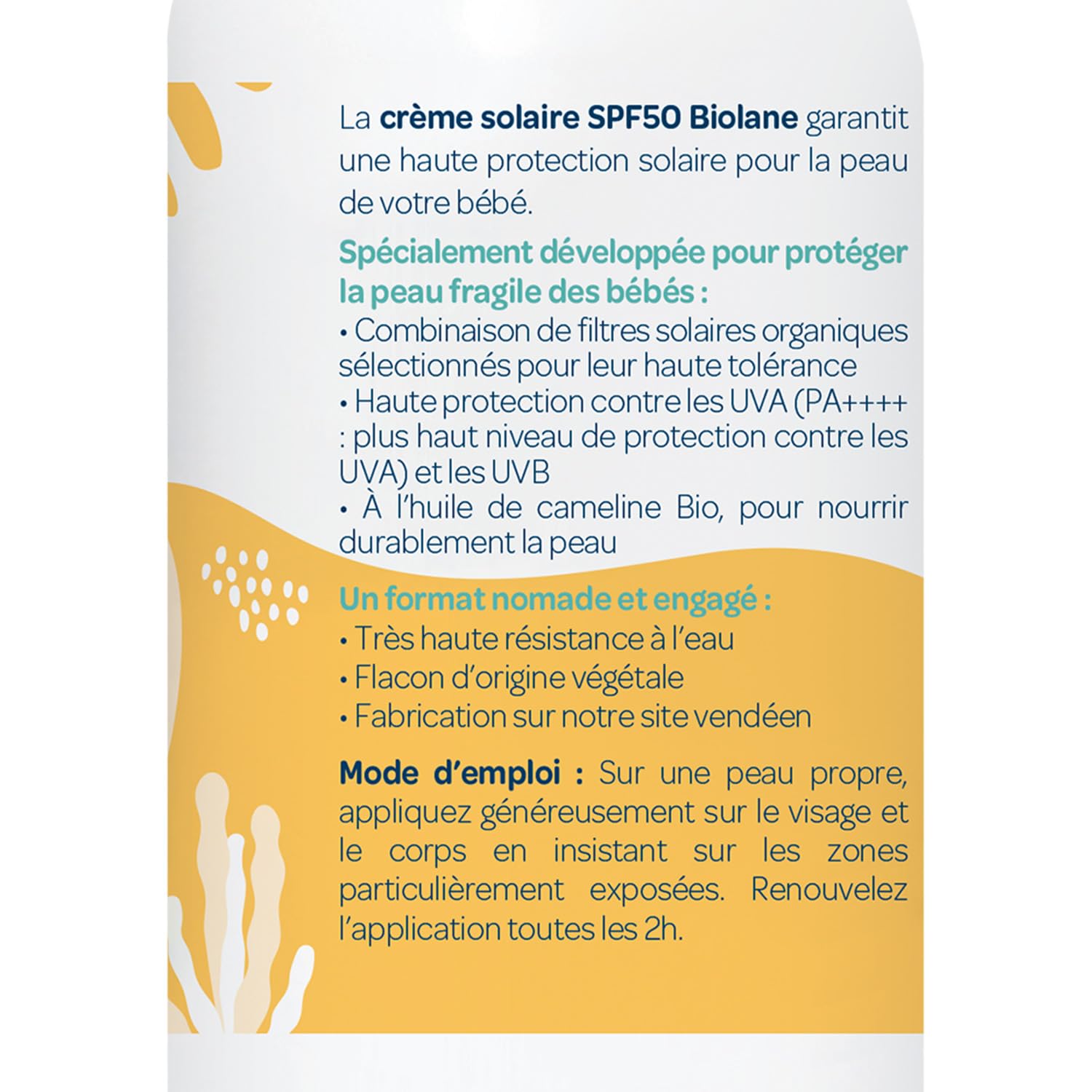 BIOLANE - Creme Solaire Bebe SPF 50-100ML - Haute Protection Contre UVA et UVB - Peaux Sensibles - Résistant à l'eau - Filtre Solaires Sécurité Bébé - Fabriquée en France