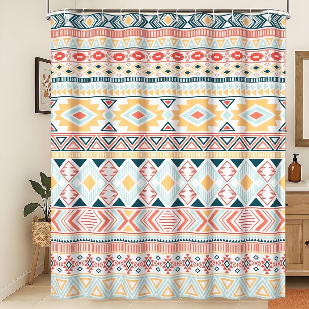 Xiaoterna 105x160cm Boho Shower Curtain Vintage Medieval Colorful Geometric Stripes Waterproof Polyester Bathroom Curtain Modern Art Farmhouse Machine Washable Mildew Resistant Bathroom Decoration โ image 1