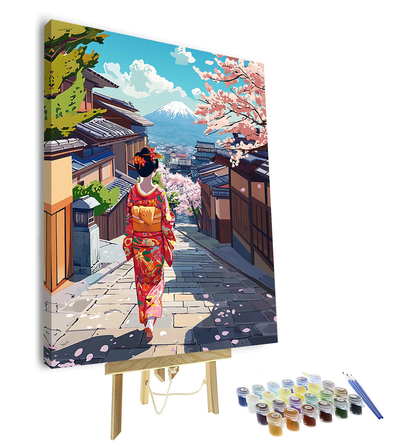 Paint by Numbers Kit for Adults, Color by Number for Adults Beginner - Japanese Scene with Woman in Kimono Walking Towards Mount Fuji, DIY Adult Painting Kits for Home Wall Decor, 16x20In (Framed)