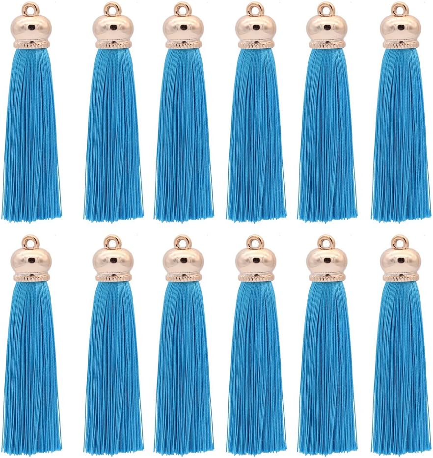 80mm Polyester Soft Tassel Ice Silk Tassel End Stopper Pendant Connectors with Gold Tassels Cap for DIY Jewelry Accessories Making/Earring/Curtain/Handbag Pendant,12pcs (Blue)