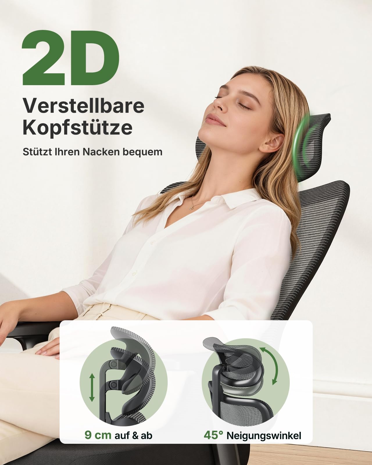 Marsail Ergonomischer Bürostuhl, Schreibtischstuhl mit Verstellbarer gepolsterter Lendenwirbelstütze, 2D-Kopfstütze und Armlehnen, konturiertem Sitzkissen, 104°–130° arretierbarem Wippmechanismus